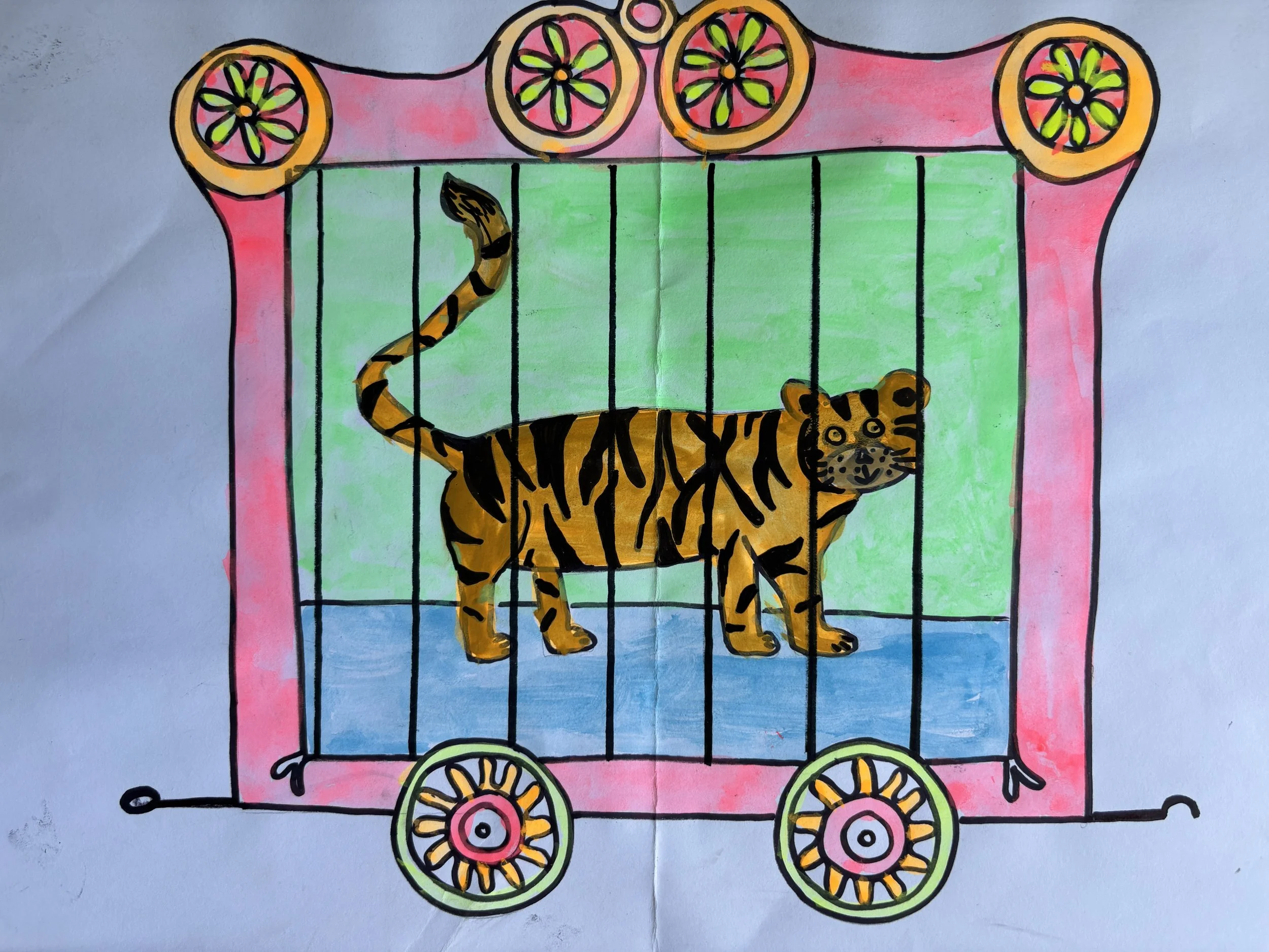 Colorful drawing of a tiger inside a pink and green cage with decorative orange and yellow wheels.