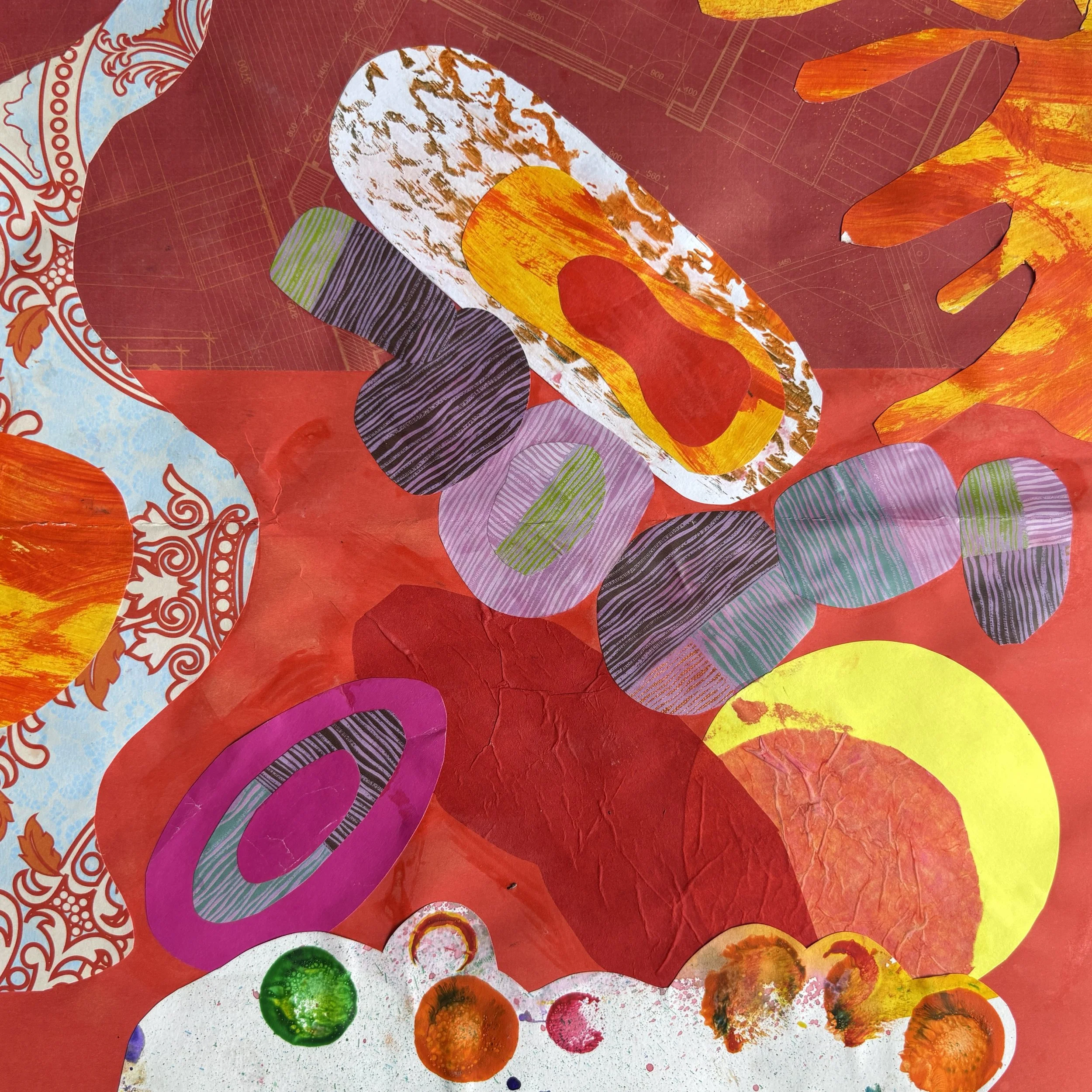 Abstract collage of colorful paper cutouts with various patterns on a red background.