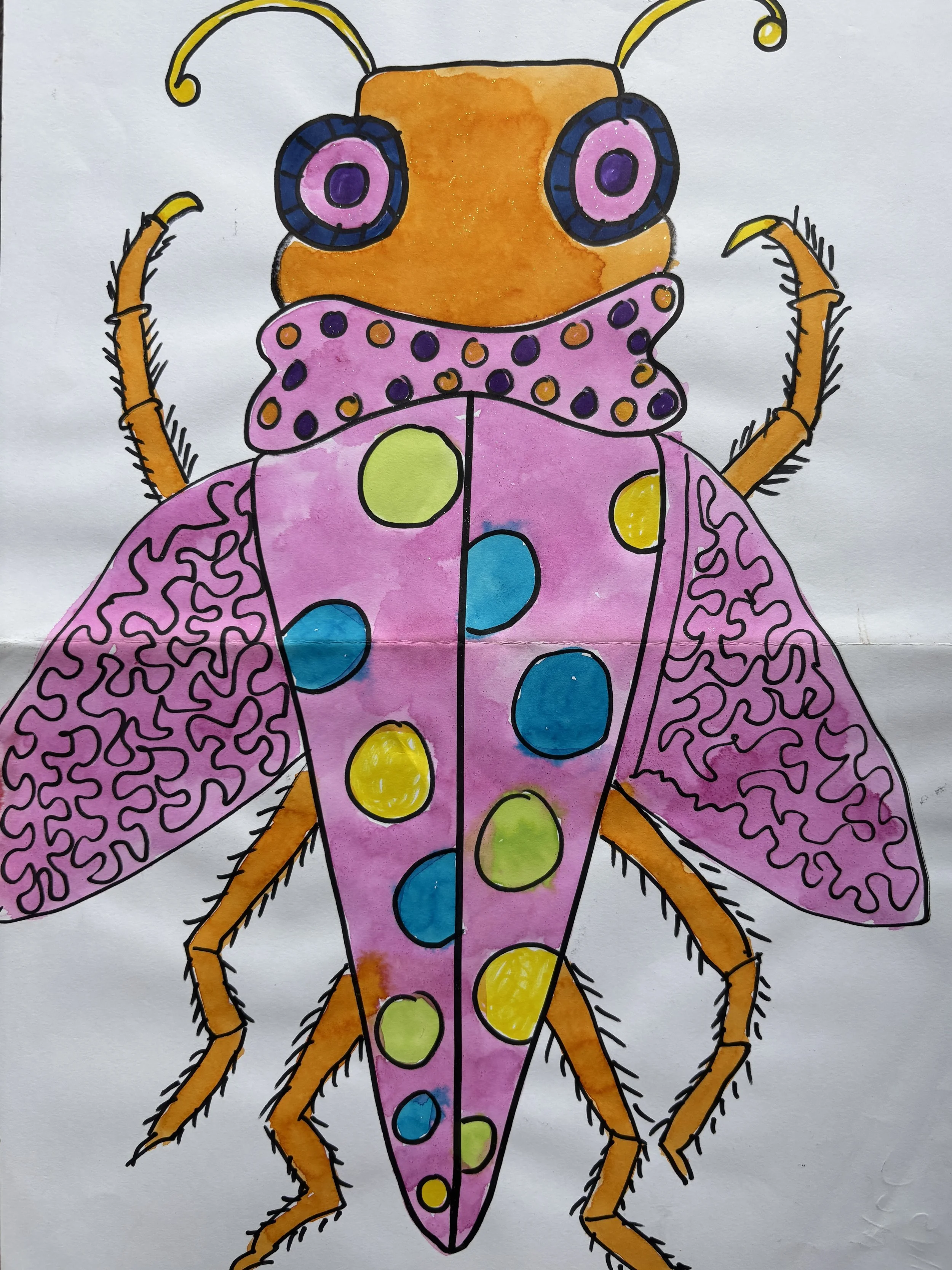 Colorfully illustrated insect with a large pink, polka-dotted body, orange head with purple and pink eyes, and orange legs.