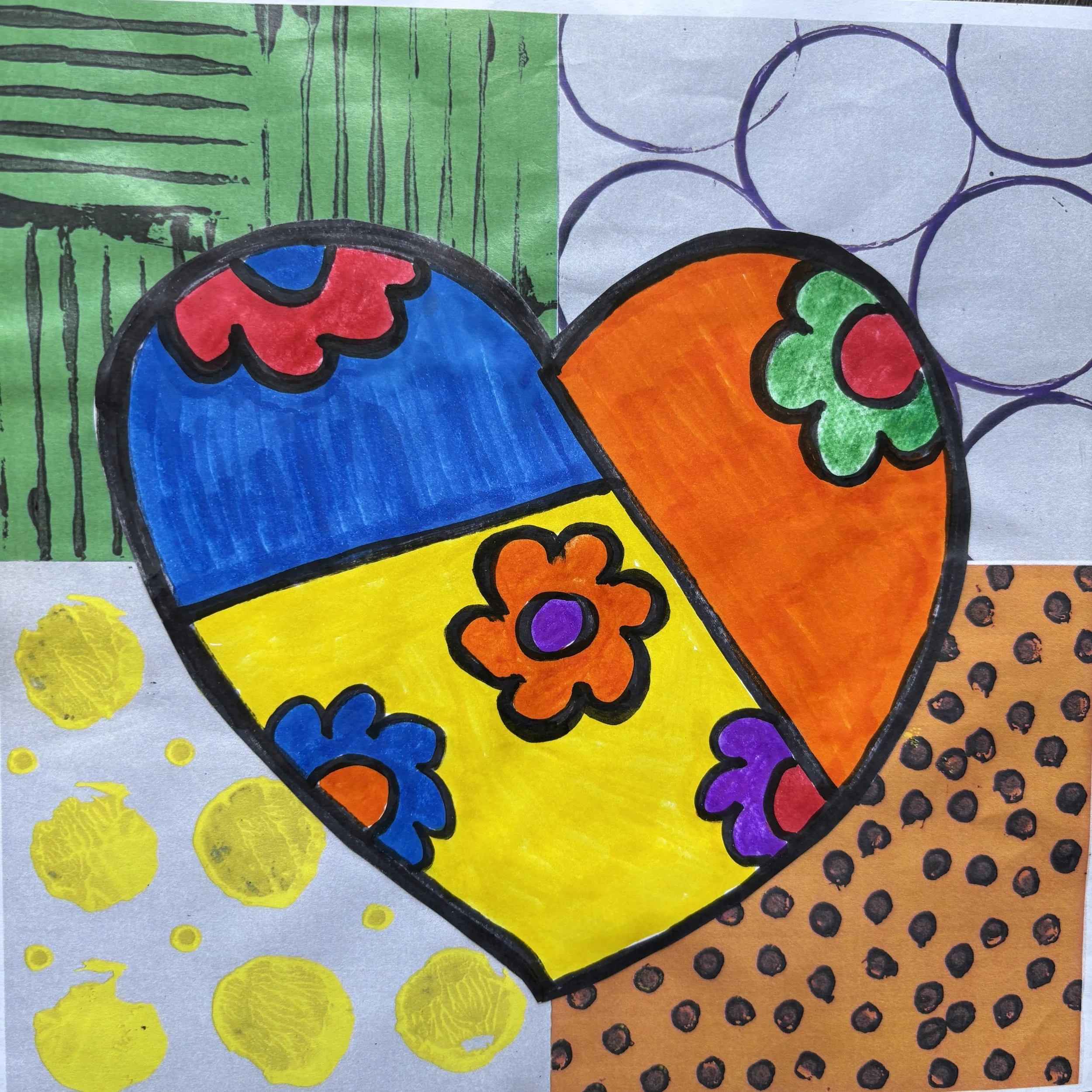 Colorful, patchwork-style drawing of a heart with rainbow colors and floral patterns, divided into four sections with different background patterns.