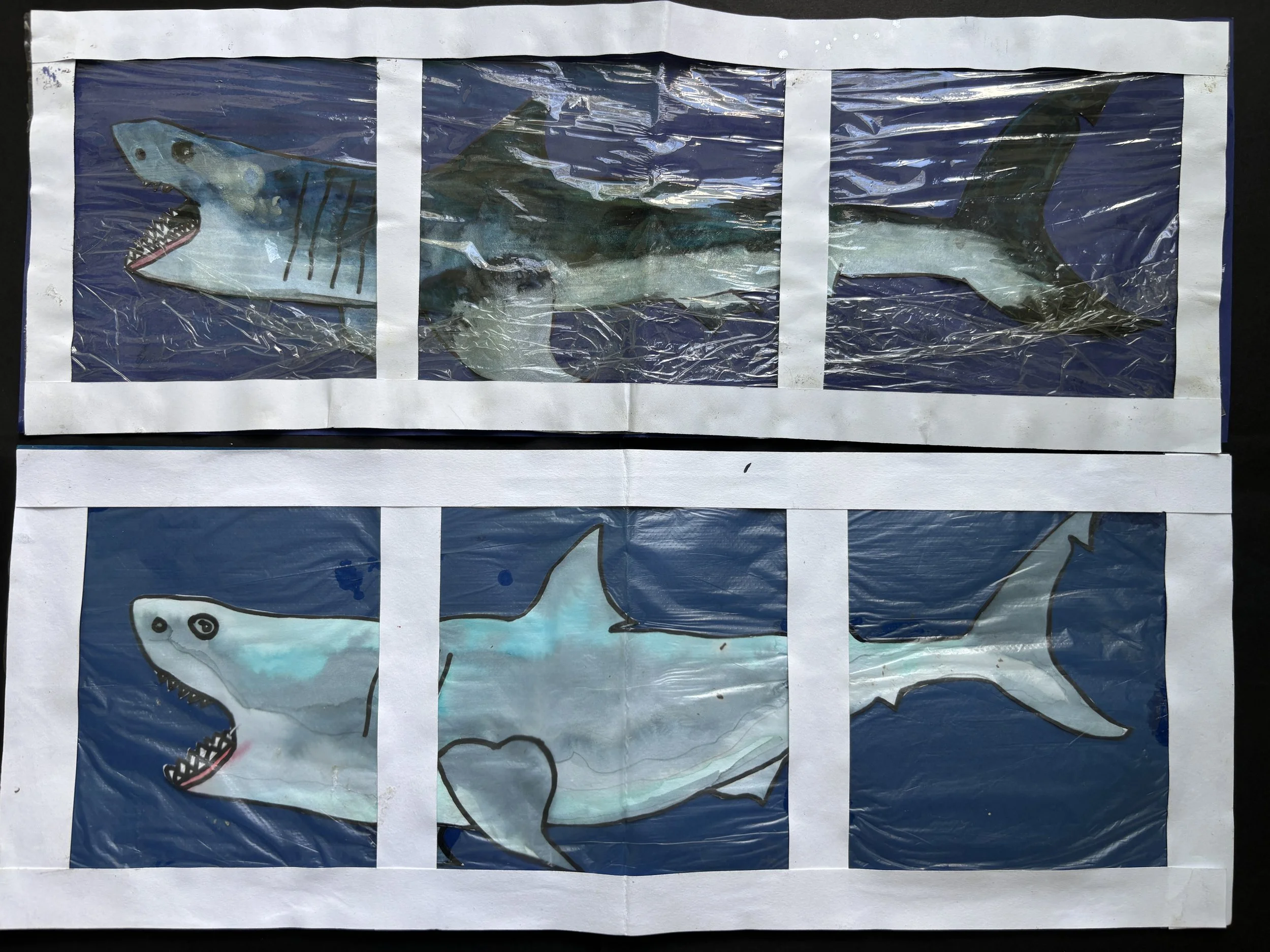 A collage of six shark illustrations, three on top and three on the bottom, each in a separate frame with a blue background, colored and drawn in a childlike style.
