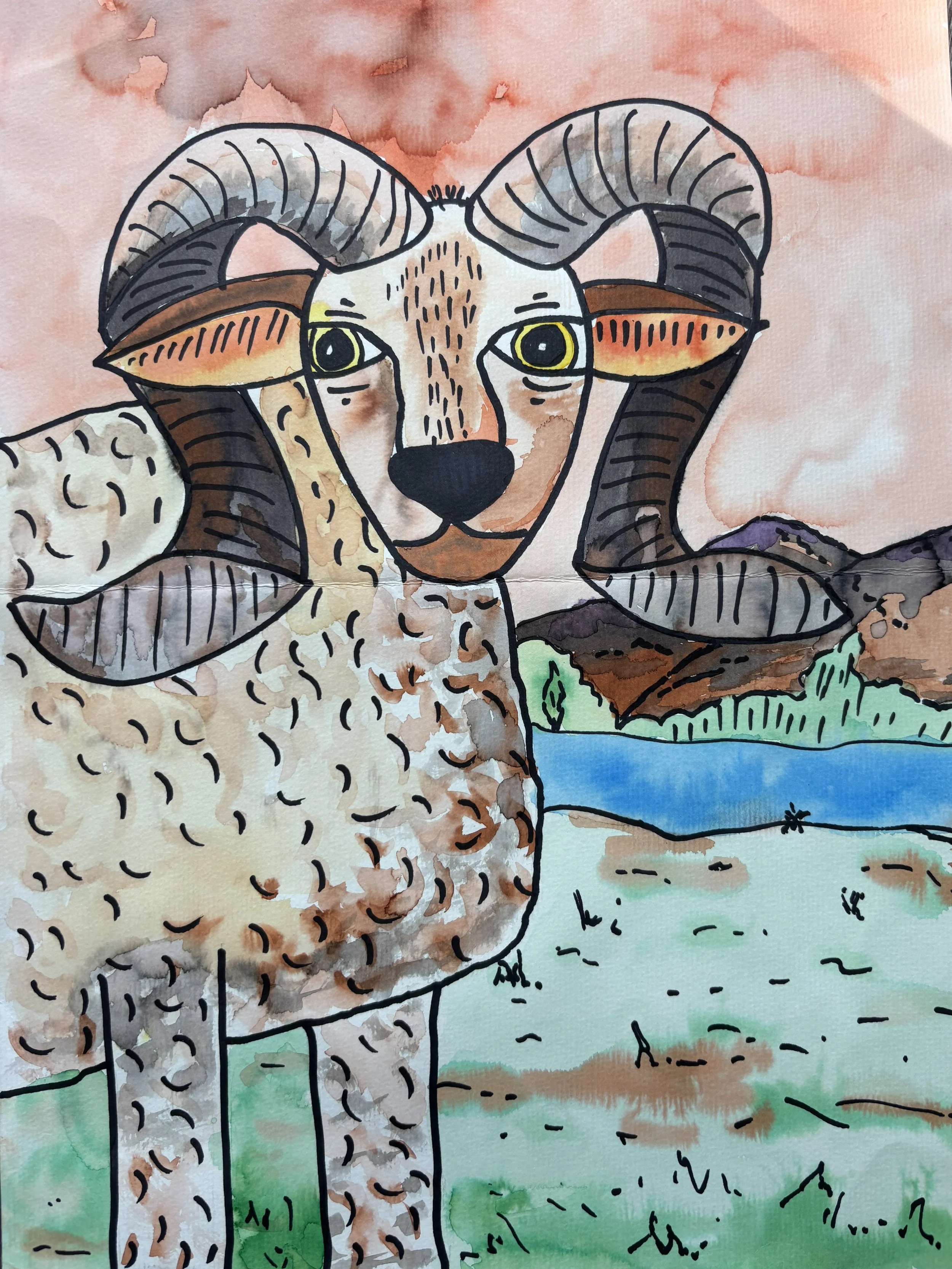 A whimsical illustration of a sheep with the face of a ram, featuring curved horns, standing near a lake with mountains and sky in the background.