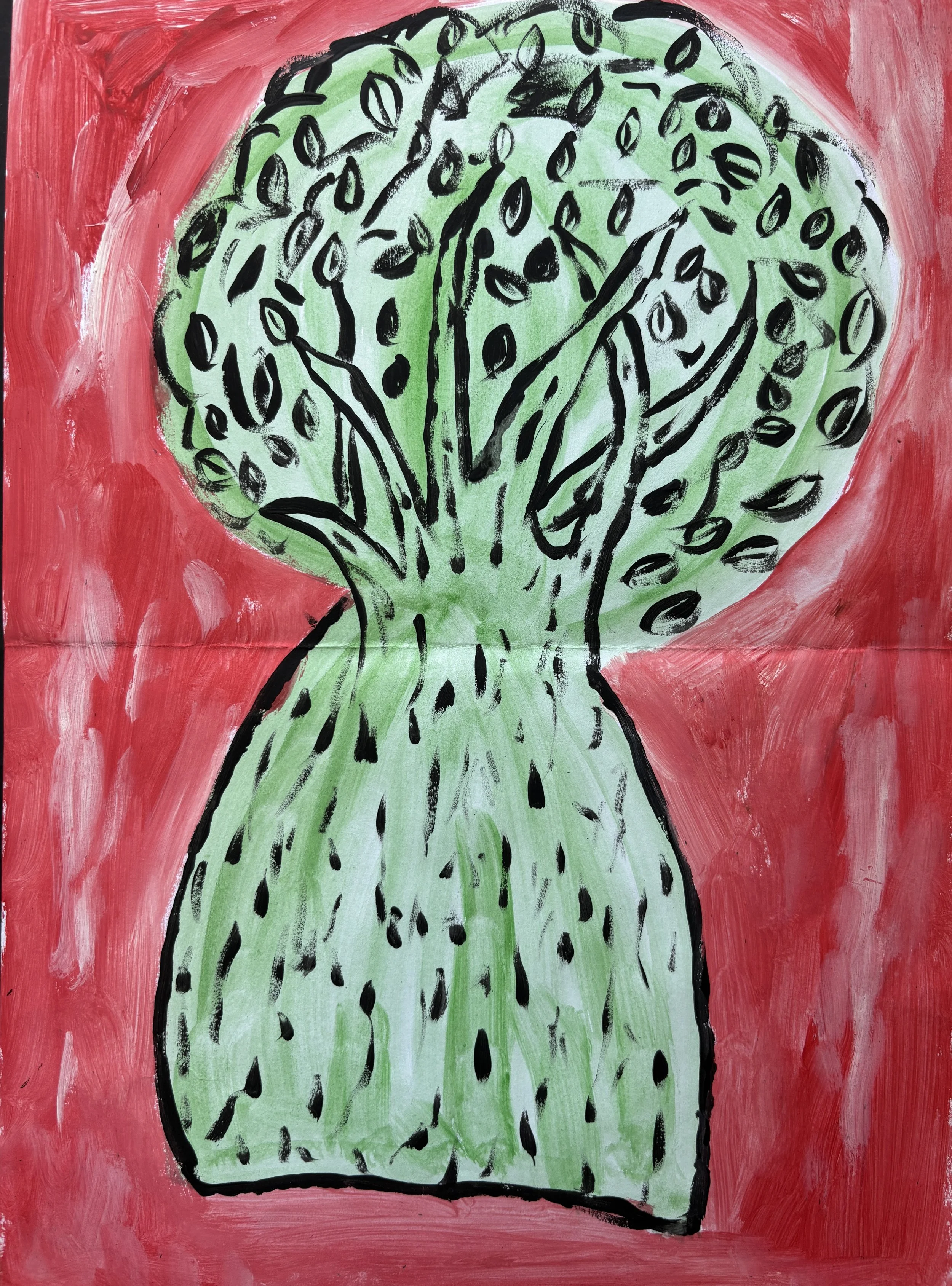 A colorful painting of a cactus in a green pot, with a red background, featuring black outlines and details.