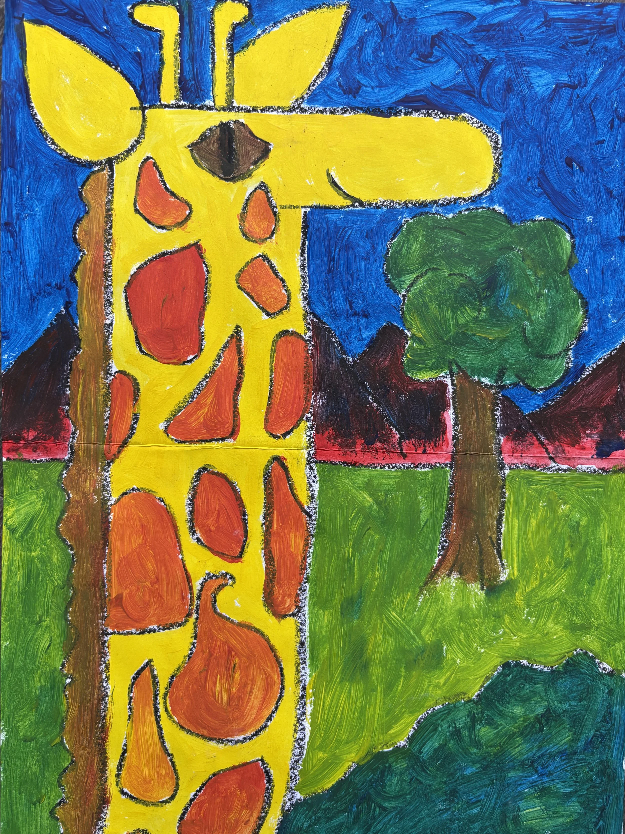 A colorful painting of a giraffe standing next to a tree in a grassy landscape with mountains, a blue sky, and a pink horizon in the background.