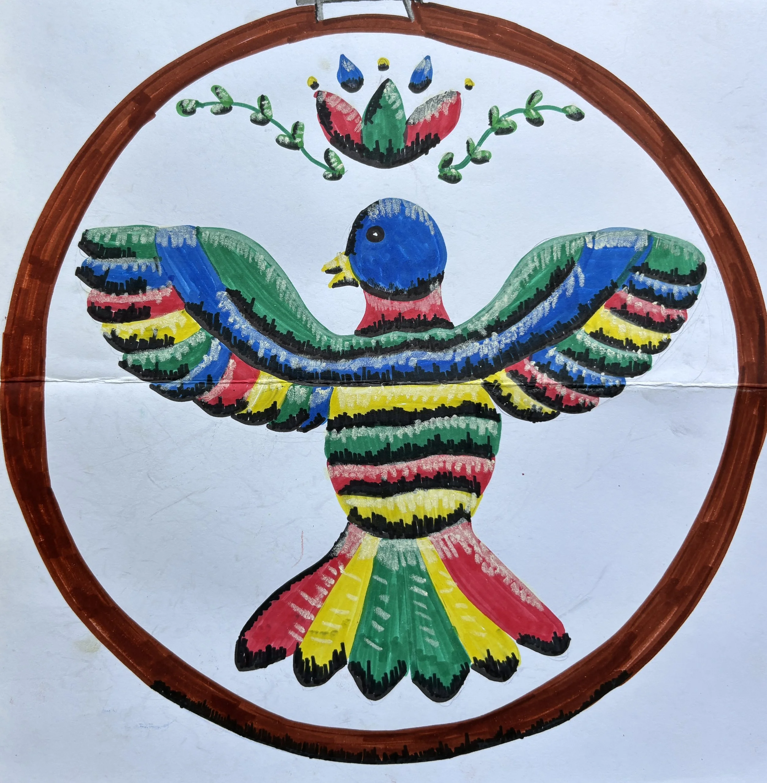 Colorful folk art painting of a bird with spread wings inside a circular border, featuring floral and decorative elements above it.