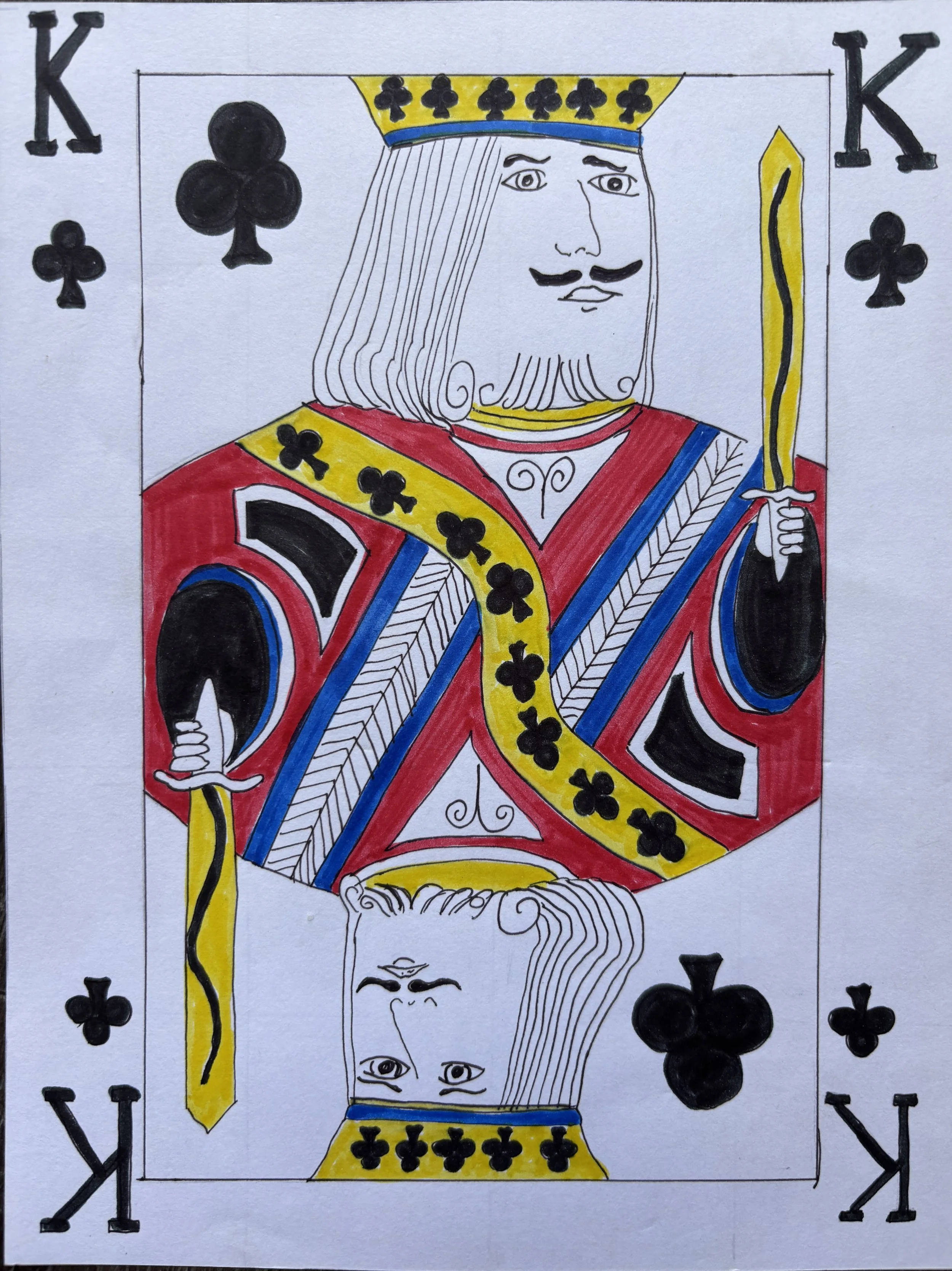Drawing of the King of Clubs playing card with colorful details and a face with a mustache, shown in an upright and upside-down position.