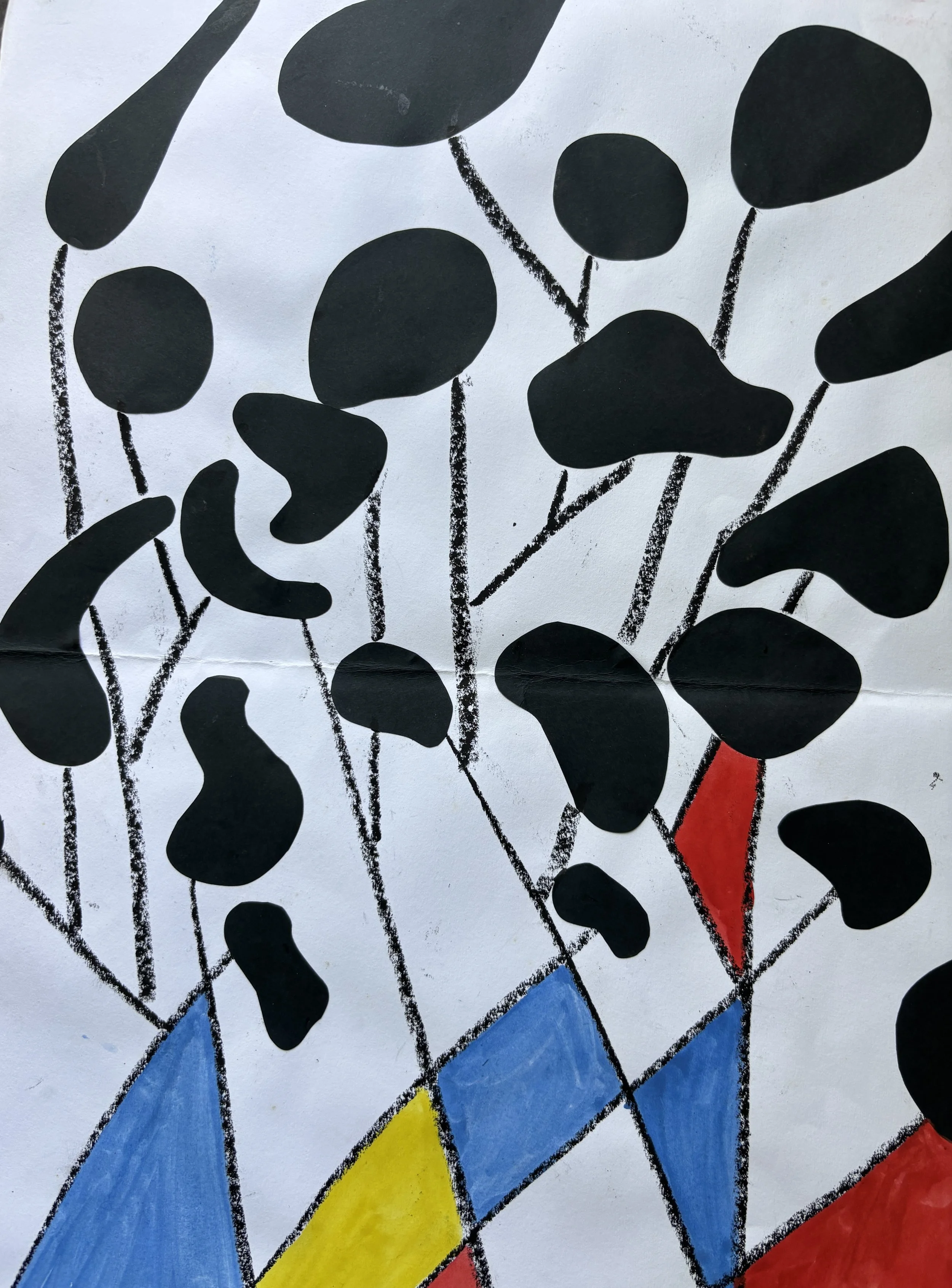 Abstract artwork with black irregular shapes connected by black lines, with red, blue, and yellow geometric shapes on a white background.