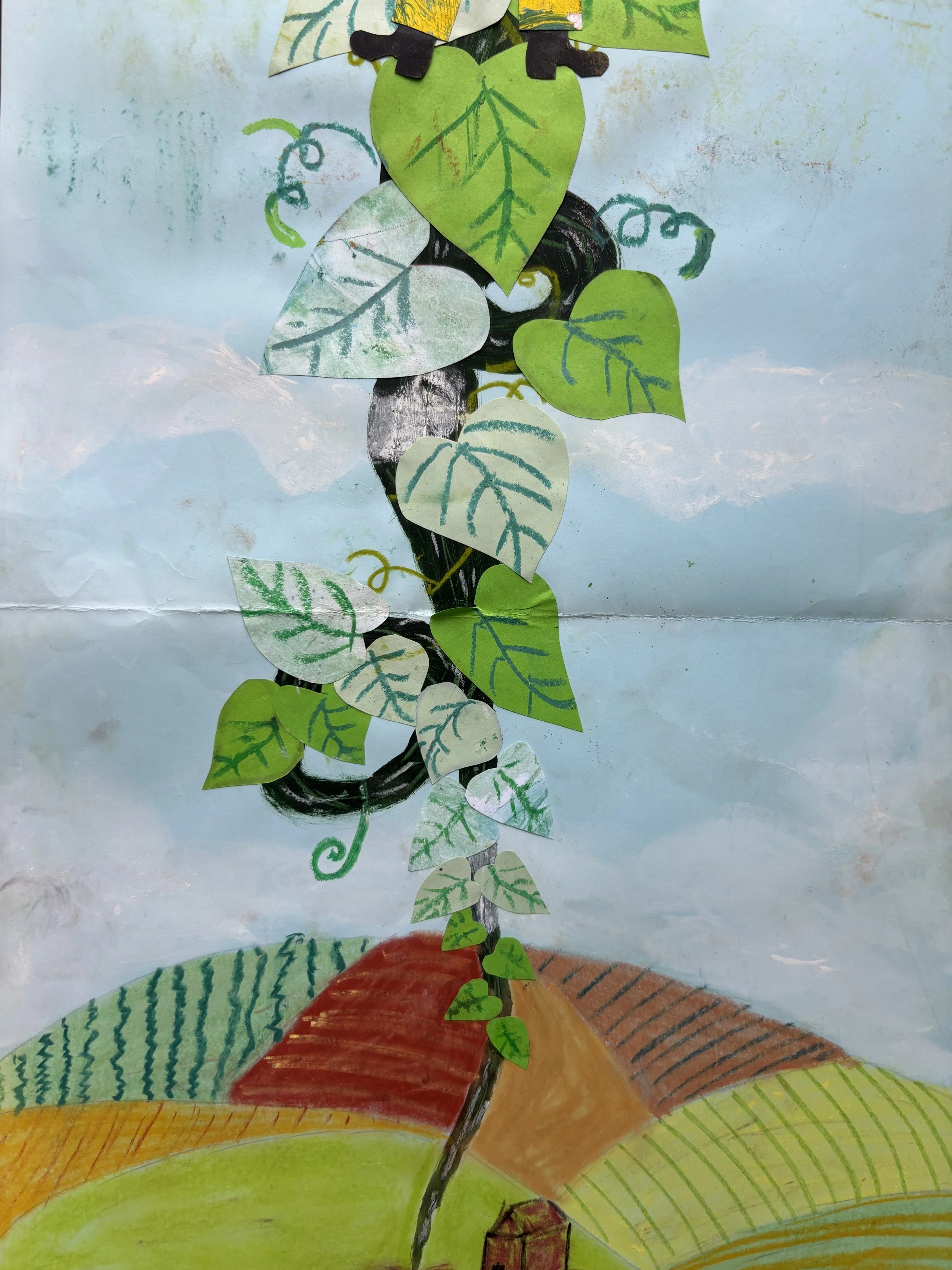 Colorful drawing of a vine with green and white heart-shaped leaves climbing a brown stake on a landscape with hills and a blue sky.