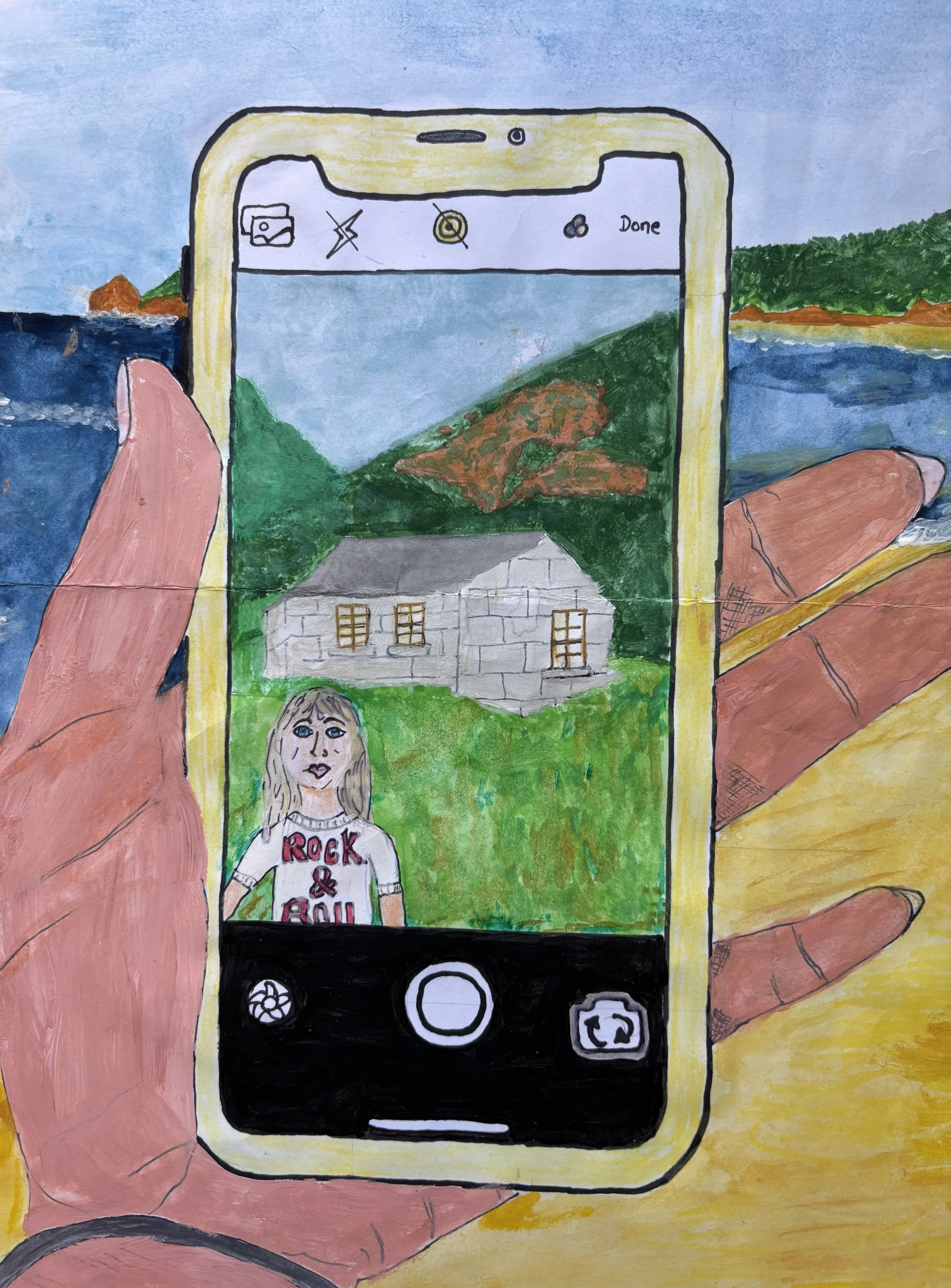 A hand holding a smartphone, with a drawing of a scenery on the screen. The scenery shows a hill with trees, a mountain, a house, and a person wearing a white T-shirt with 'Rock & Roll' written on it.