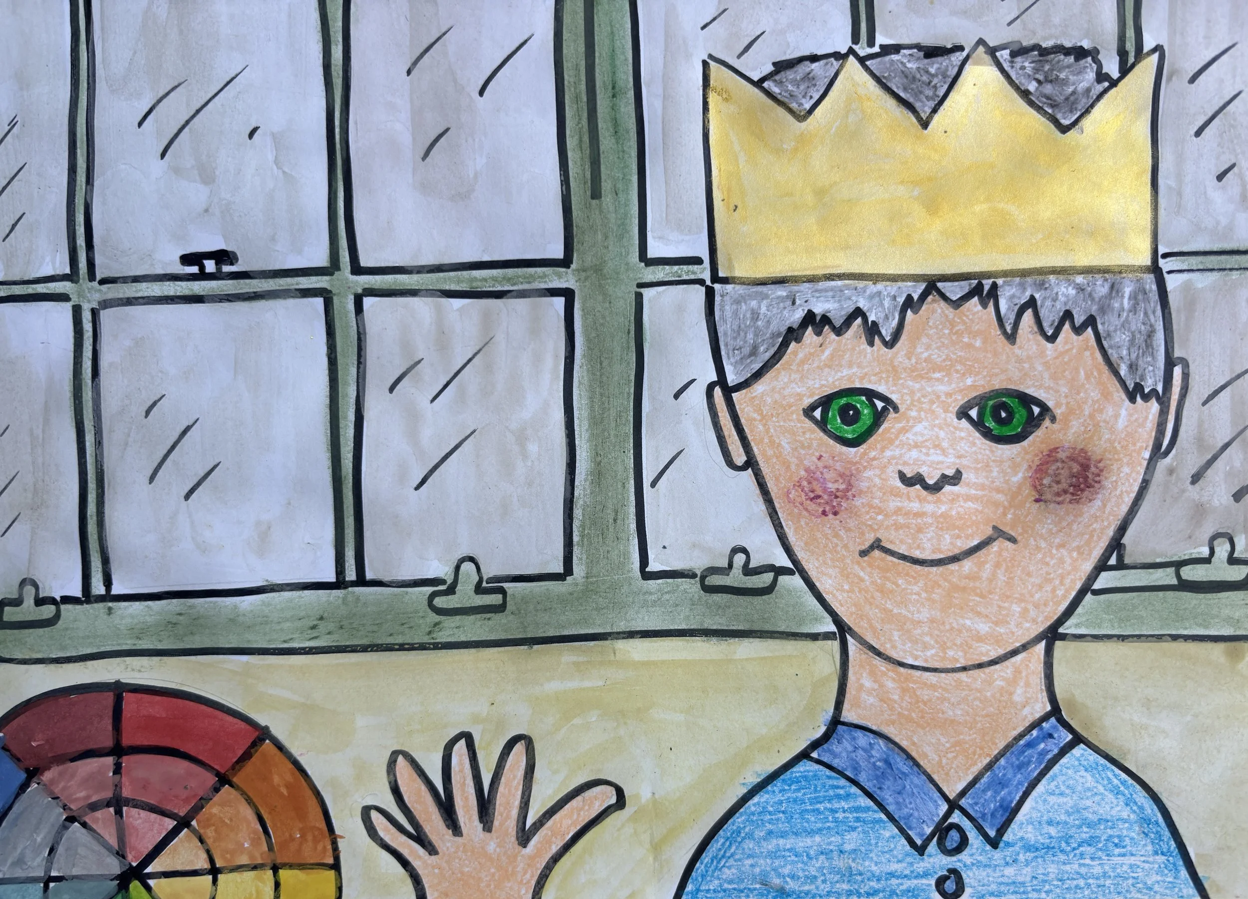 Colorful hand-drawn picture of a smiling boy with green eyes and short gray hair, waving, with a window in the background and a color palette on the side.