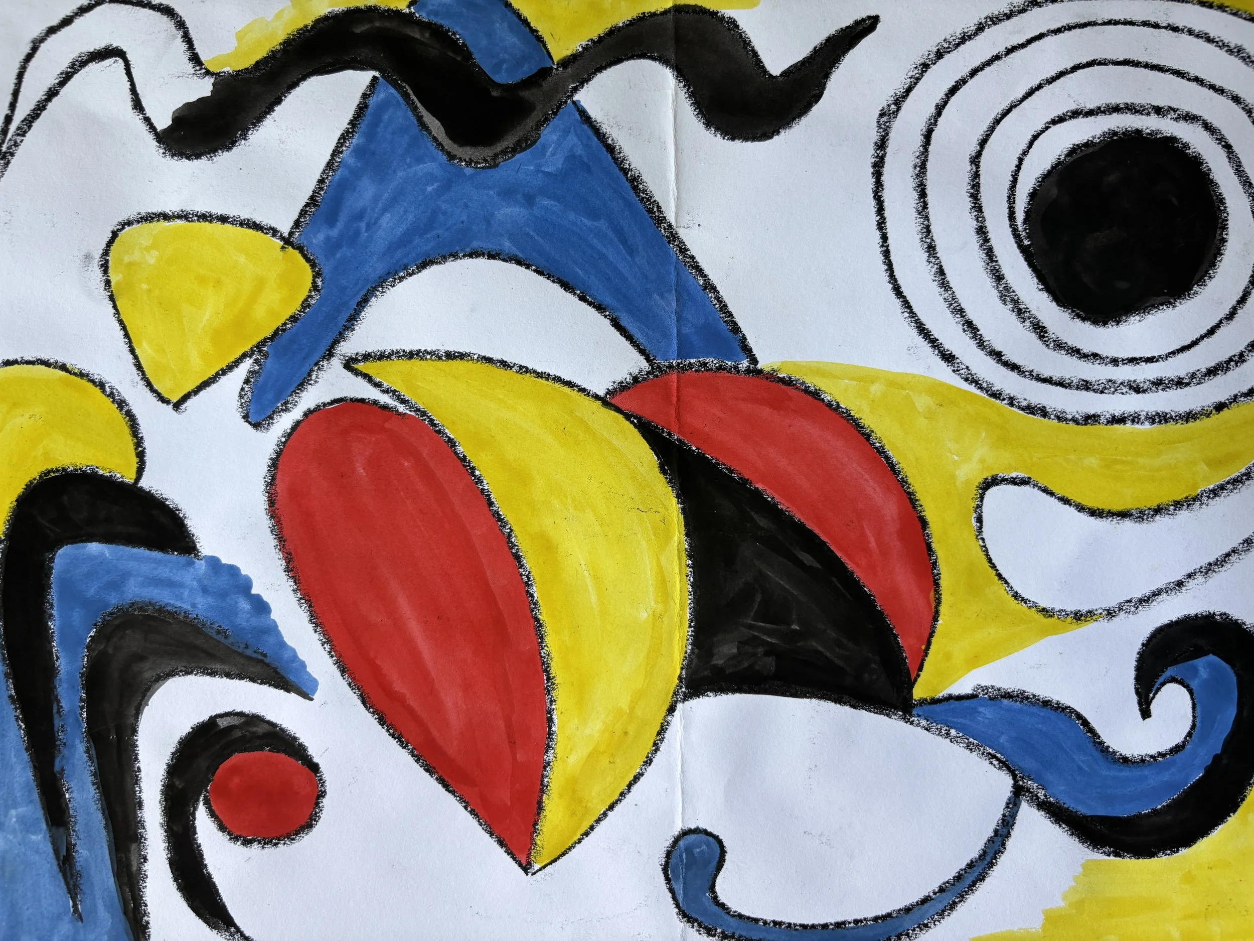 Abstract painting with bold black outlines, featuring red, yellow, blue, and black shapes, including a black spiral and a black circle on a white background.
