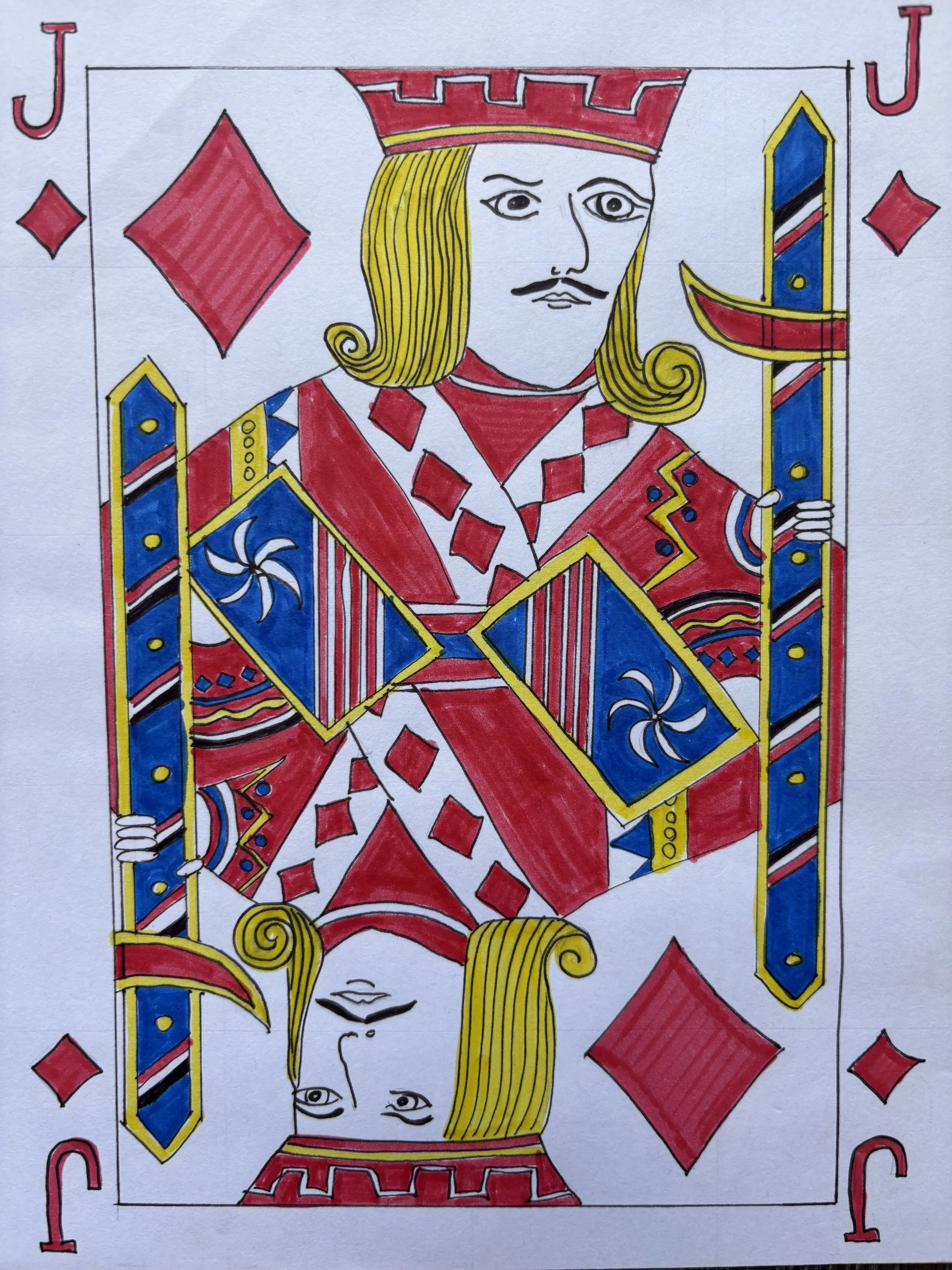 Drawing of the Jack of Diamonds playing card with red, blue, yellow, and white geometric patterns and a portrait of a king with blonde hair, mustache, and crown, holding a sword.