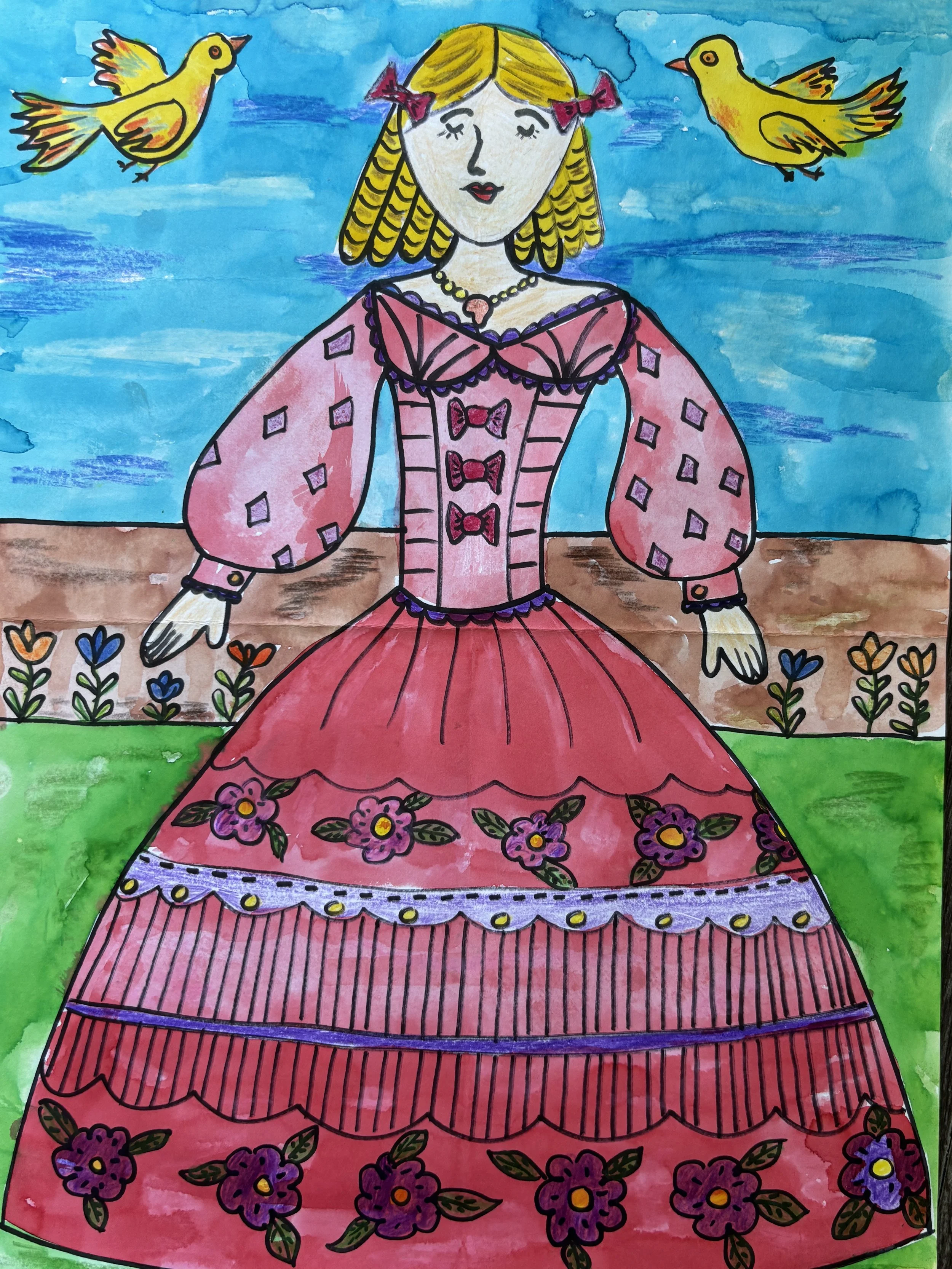 A colorful drawing of a girl in a pink dress with floral patterns, standing outside on green grass with a blue sky and two yellow birds flying around her.