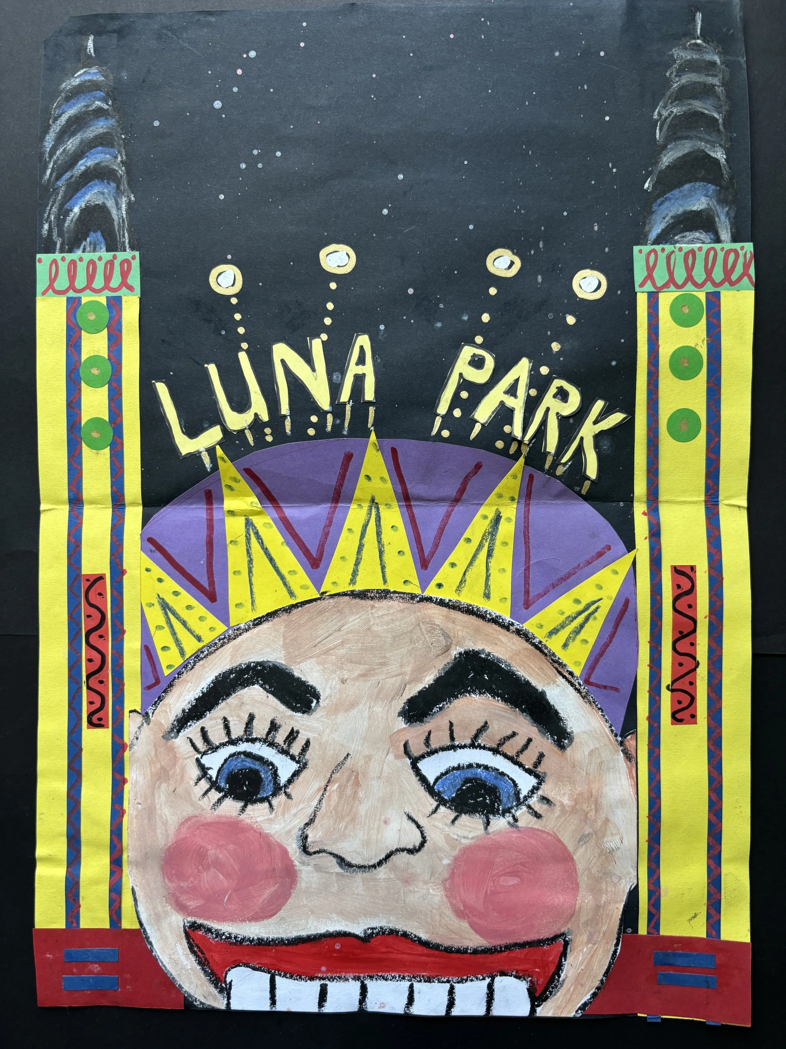 Colorful poster for Luna Park featuring a large clown face with exaggerated facial features, bright makeup, and a purple and yellow headdress. The background is dark with white dots representing stars, and decorative borders with bright colors and pa