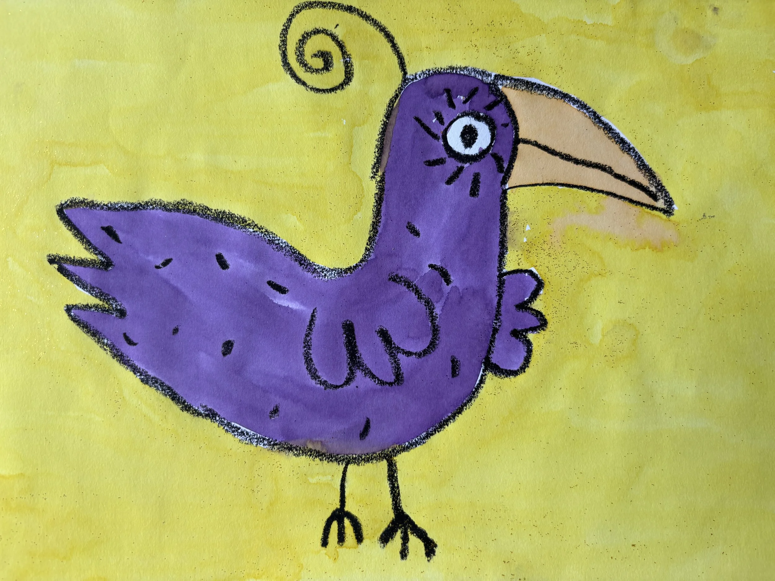 Child's drawing of a purple bird with an orange beak and a spiral tail, set against a yellow background.