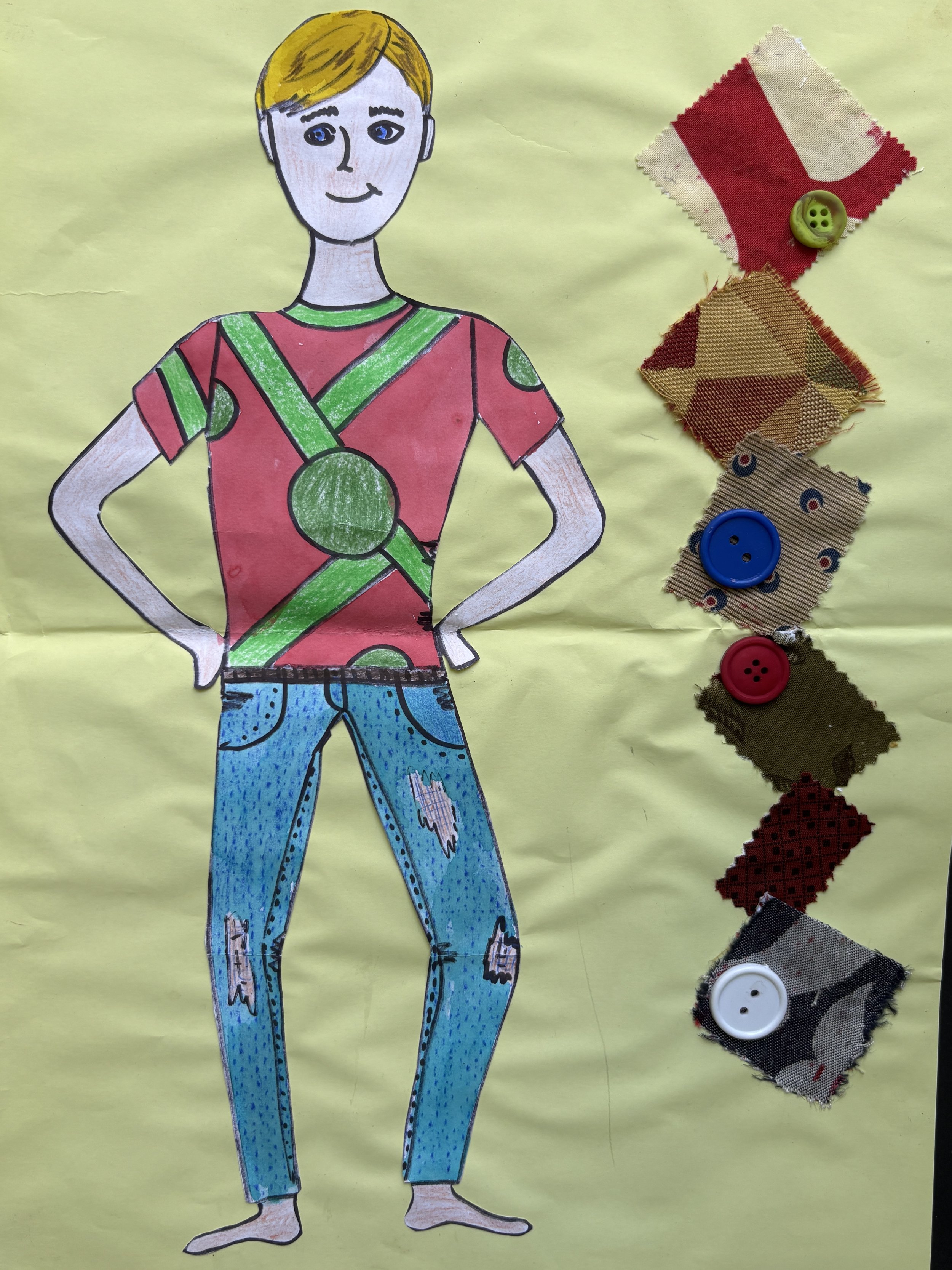 A hand-colored drawing of a person with short yellow hair, wearing a red shirt with green straps and blue jeans with rips, is placed on a yellow background. To the right, there are six pieces of fabric in varying patterns and colors, each with a larg