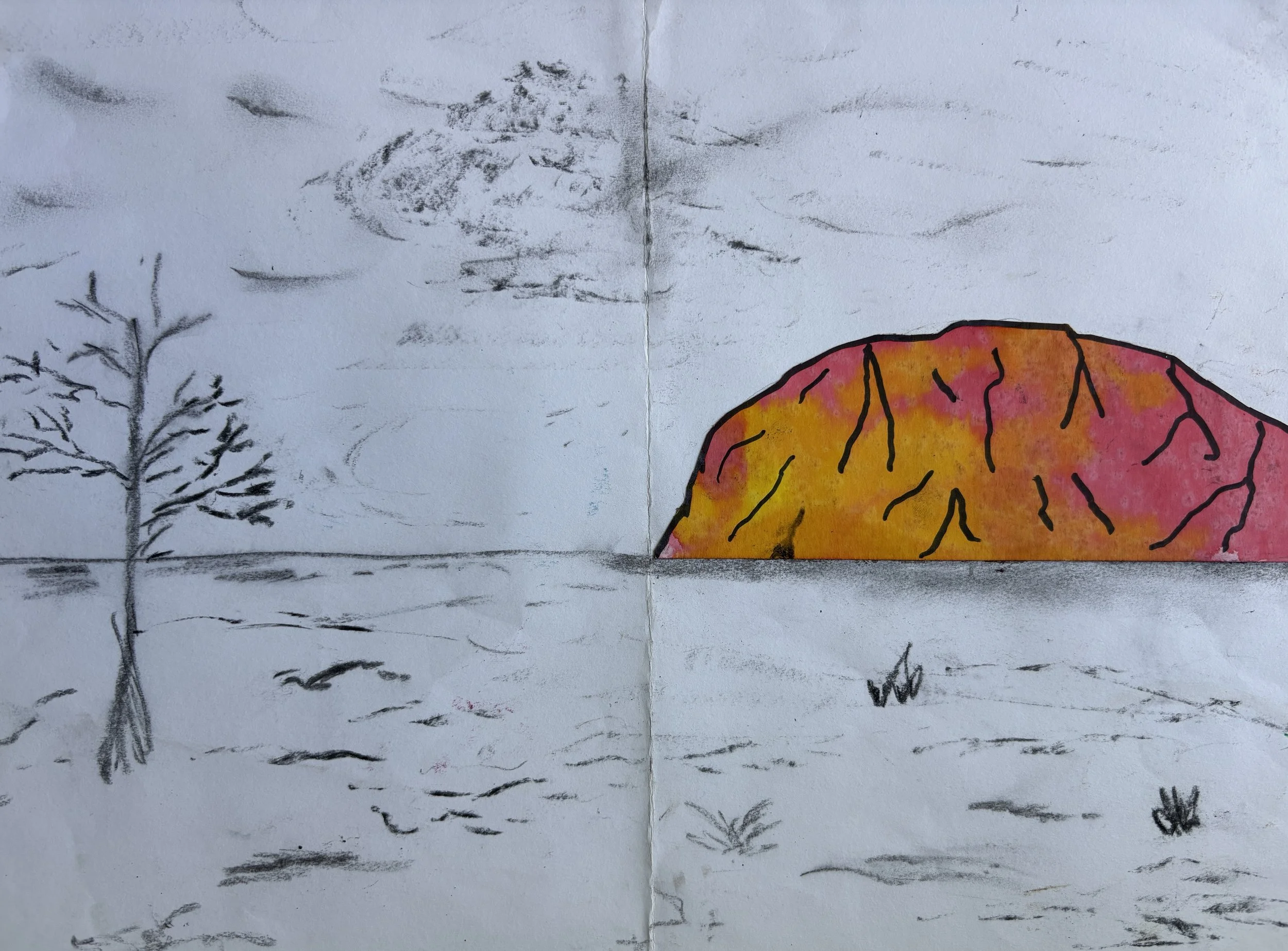 A landscape drawing with a leafless tree on the left, a snow-covered ground, a large orange and pink volcano with black cracks on the right, and a cloudy sky overhead.