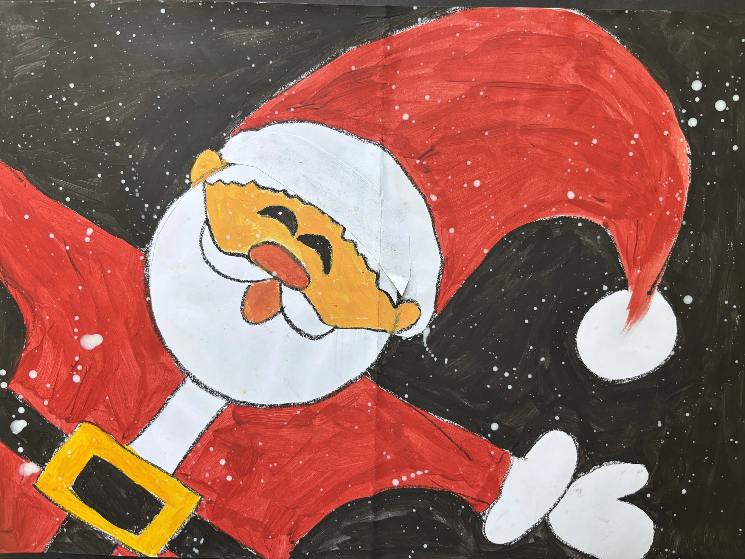 Drawing of a chicken in a Santa Claus outfit, wearing a big red hat with a white pom-pom, and a red coat with white trim, against a black background with white snowflakes.