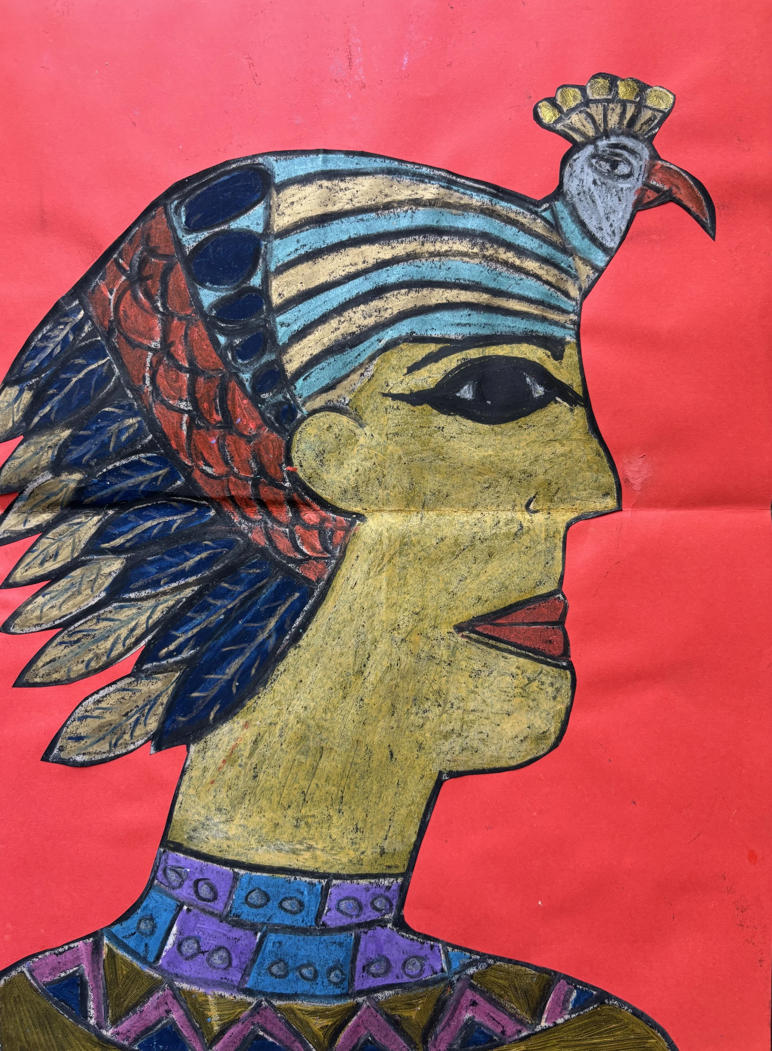 Colorful artwork of a woman's profile with a bird on her head against a red background.