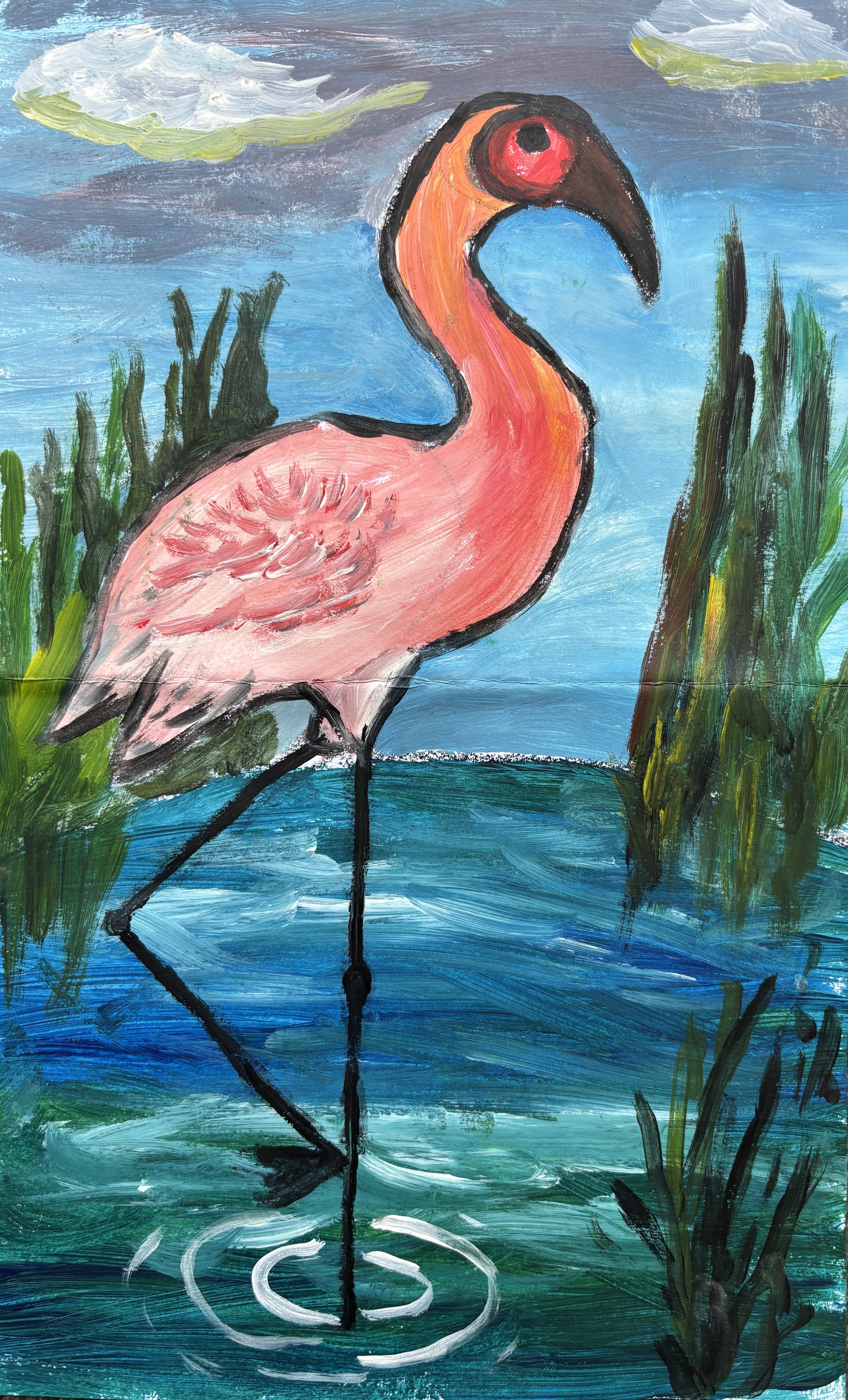 Painting of a pink flamingo standing in a body of water with green reeds and a sky with clouds and blue hues in the background.