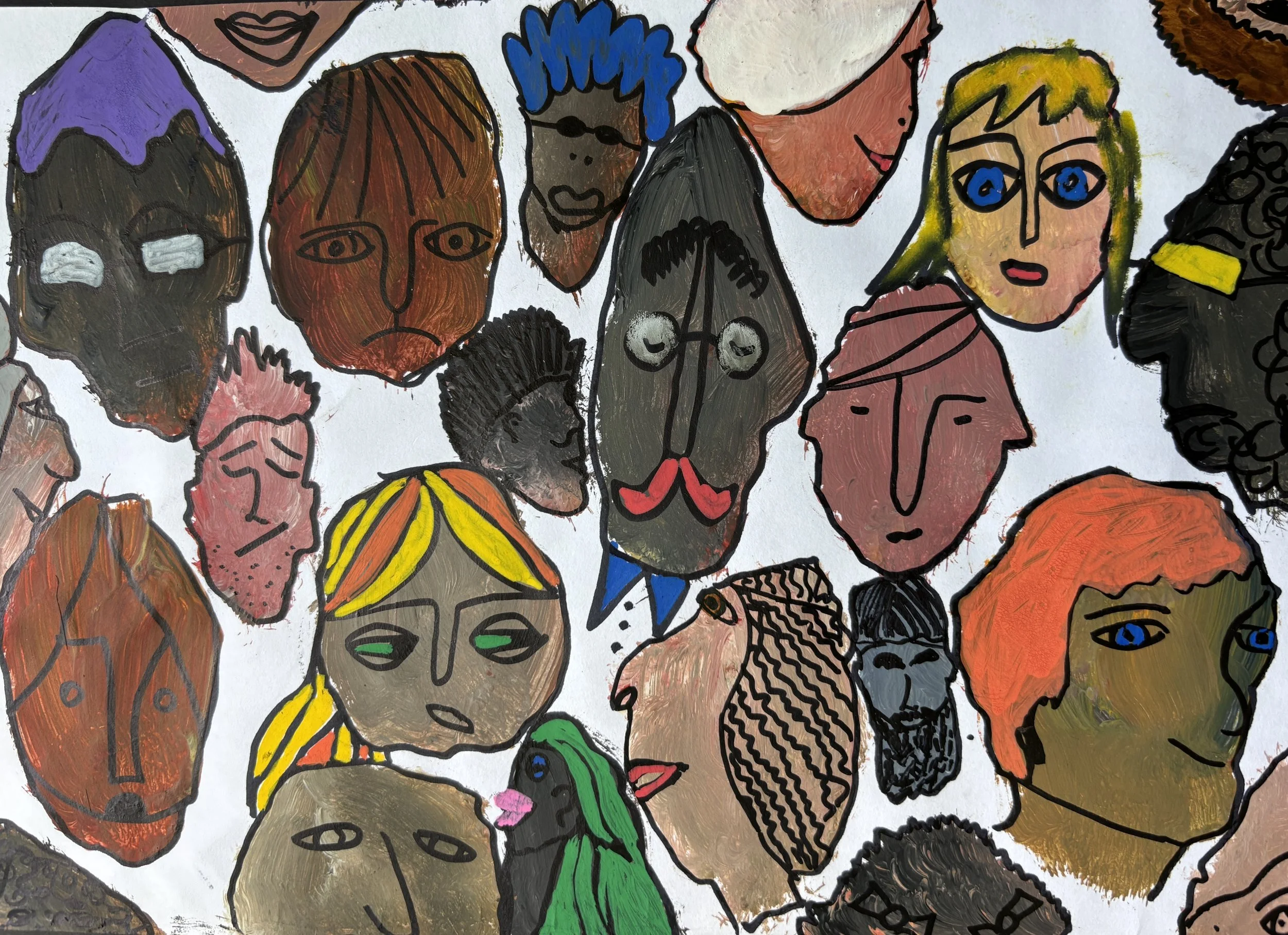 A colorful collection of abstract and expressive portraits of diverse faces, featuring various hairstyles, skin tones, and facial expressions, painted in a loose, sketchy style.