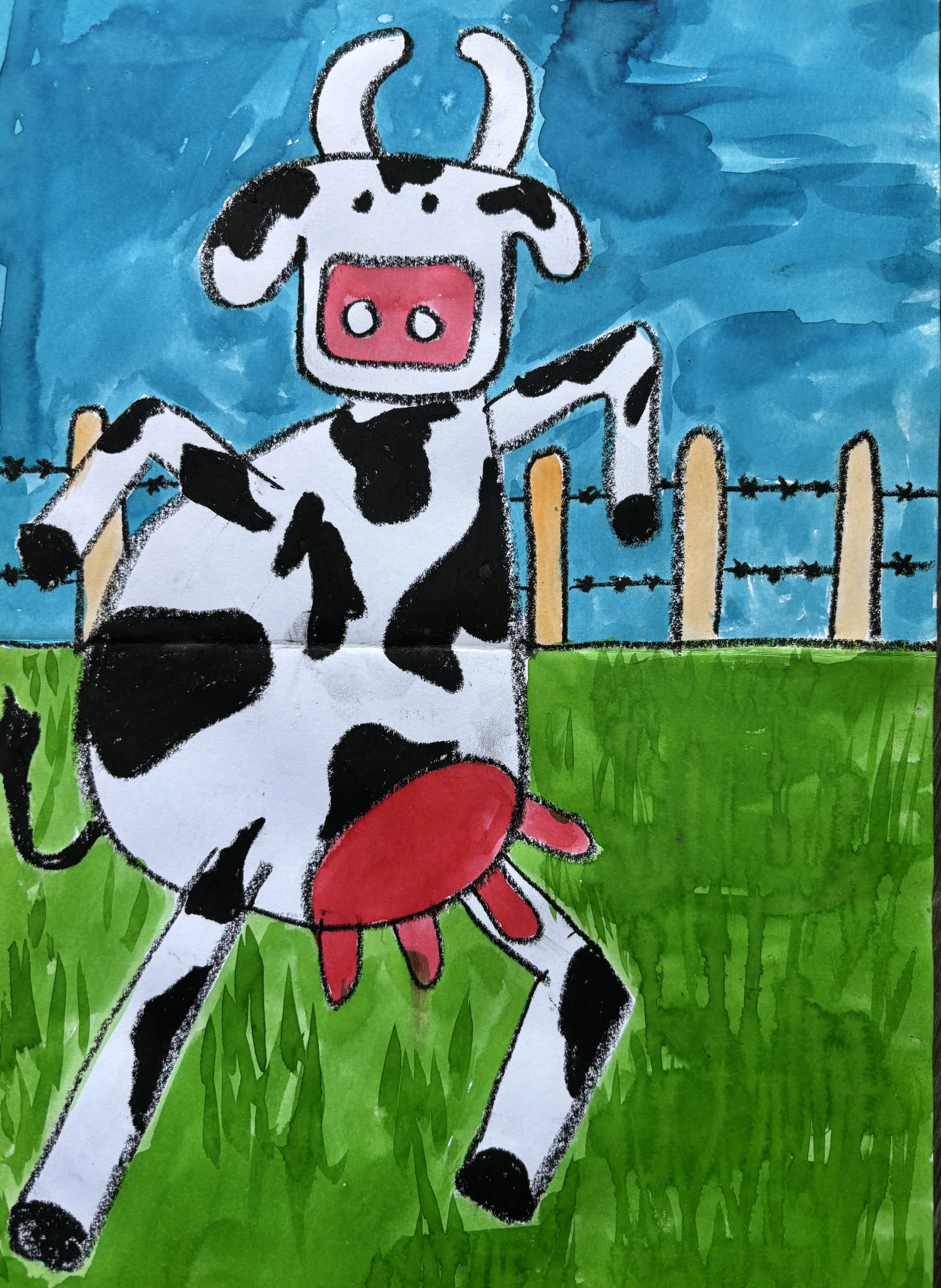 A colorful drawing of a cow with a red udder, standing on green grass with a bright blue sky and a barbed wire fence in the background.