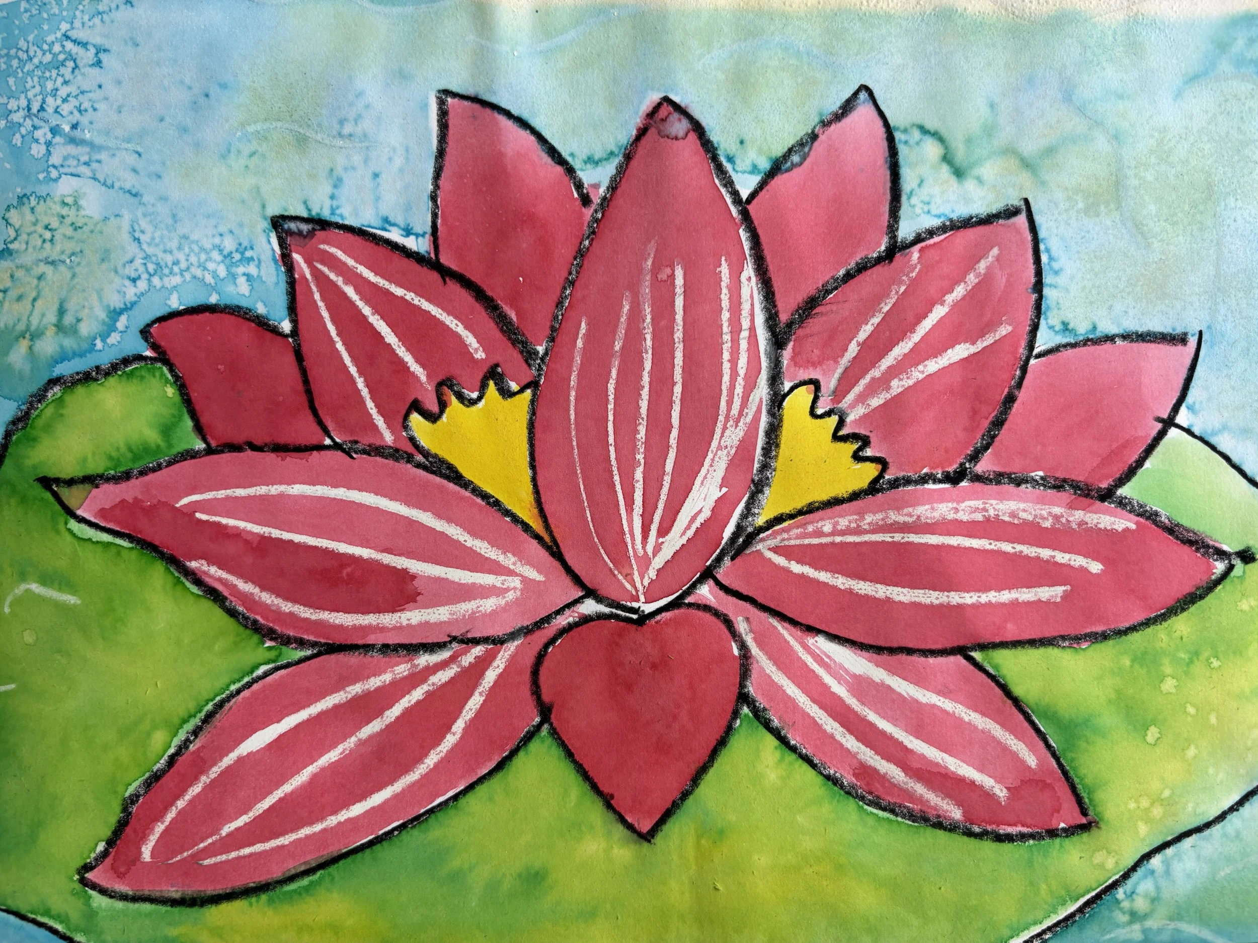 Colorful drawing of a pink and red flower with green leaves and a blue sky background.