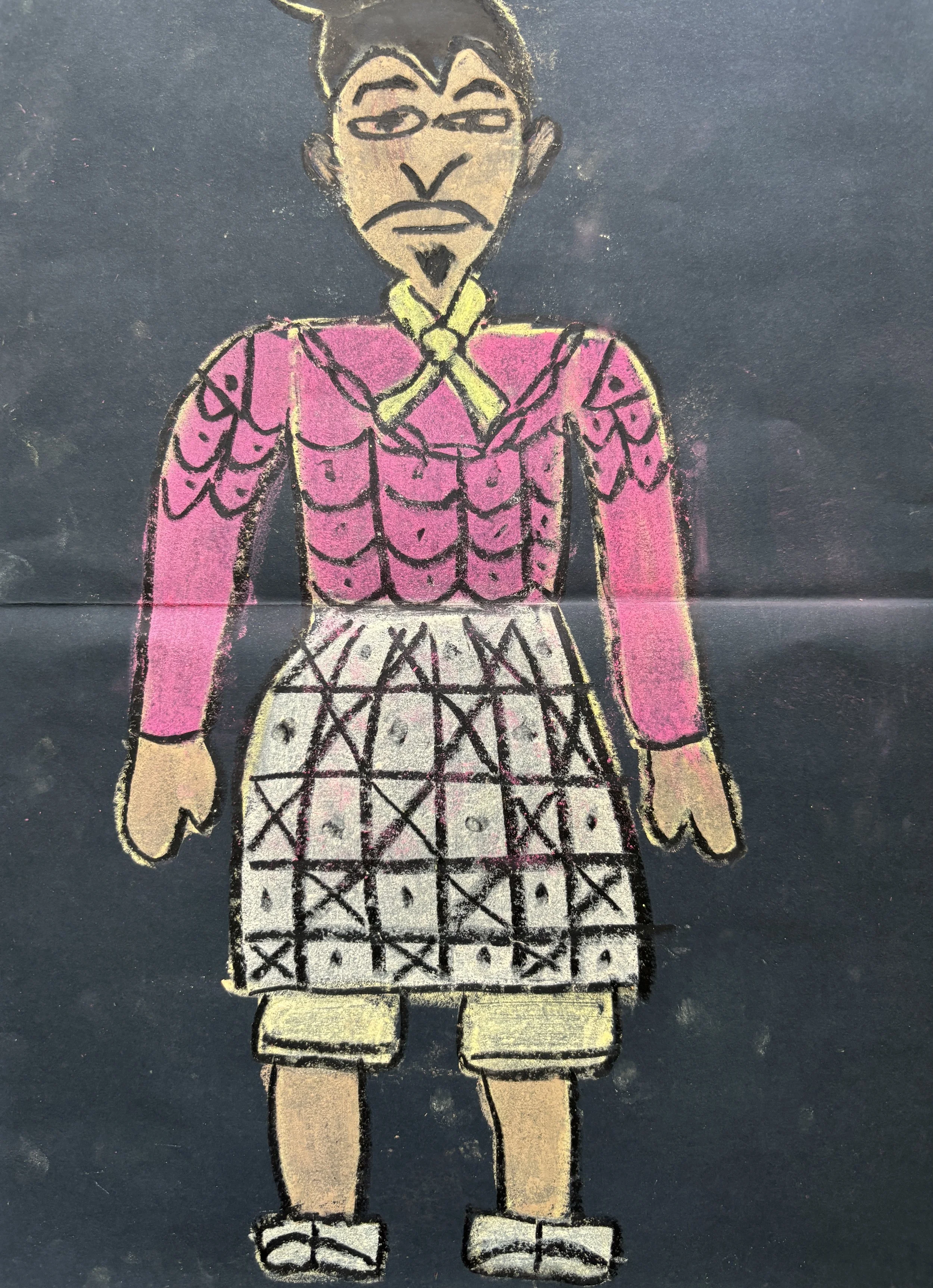 Children's drawing of a person with short black hair, wearing glasses, a pink long-sleeve shirt with scalloped patterns, a checkered skirt, and yellow shoes, on black paper.
