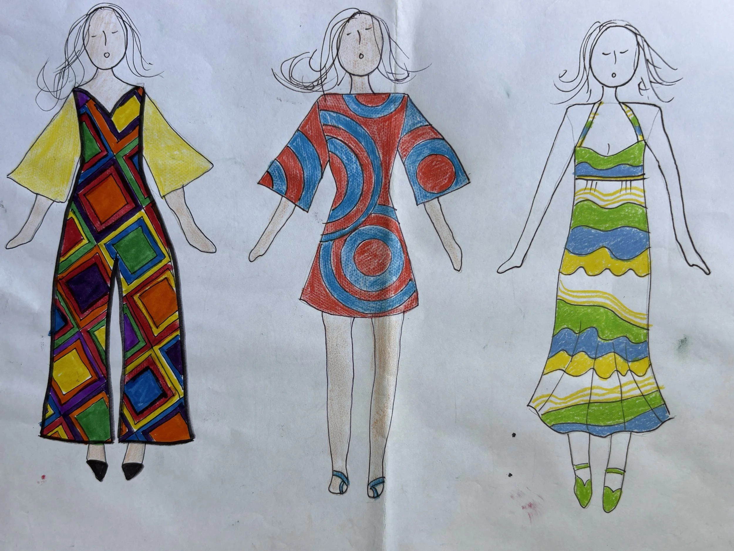 Drawings of three women wearing colorful dresses with different patterns and styles, each with long hair and closed eyes.