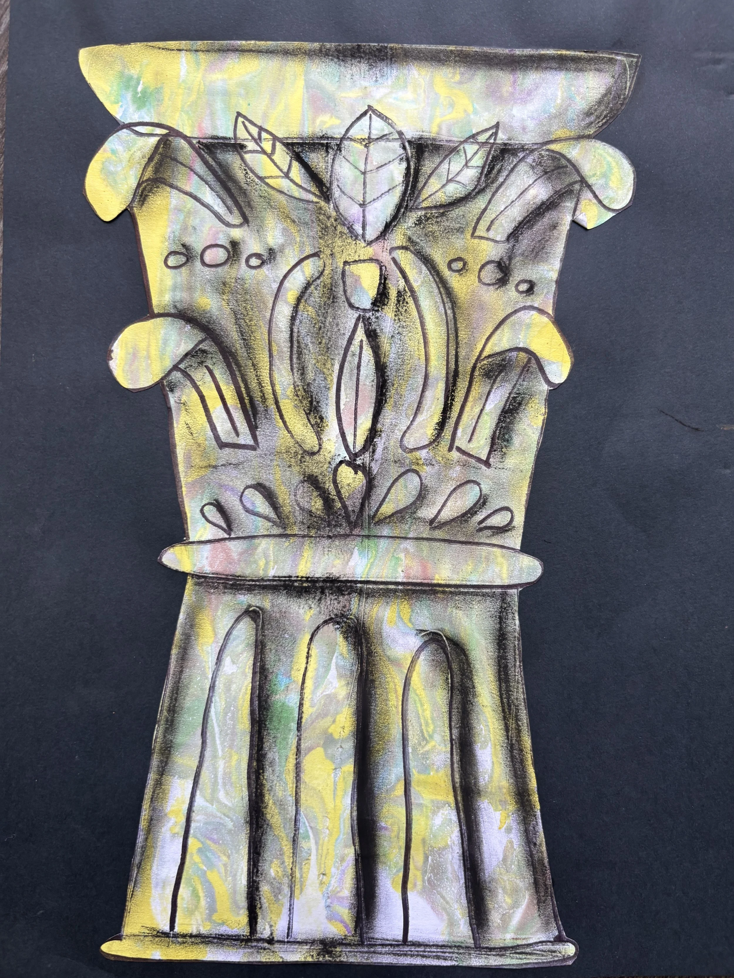 Colorful sketch of a classical Corinthian column capital with leaves and decorative elements, on black background.
