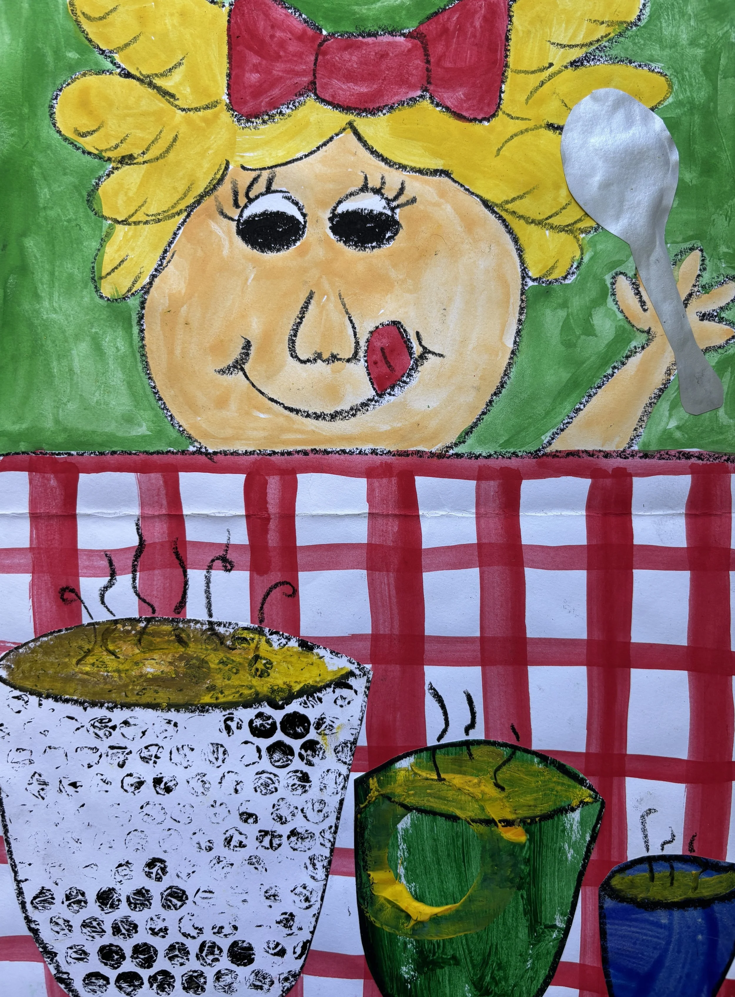 A colorful drawing of a girl with curly yellow hair, a red bow, and a big smile, holding a spoon. She is sitting at a red-and-white checkered table with three steaming bowls of food, depicted with black dots and yellow, green, and blue colors, on a g