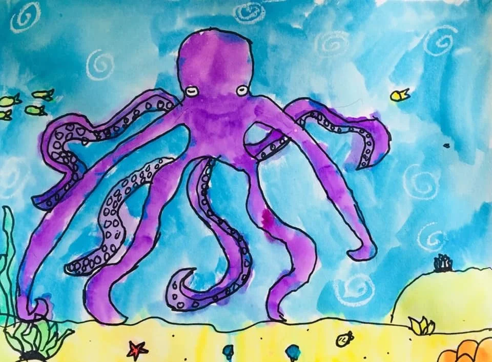 Colorful underwater scene featuring a large purple octopus with black outline and white eyes, surrounded by small fish, sea plants, starfish, and a yellow sandy seabed with a small black shell in the background.