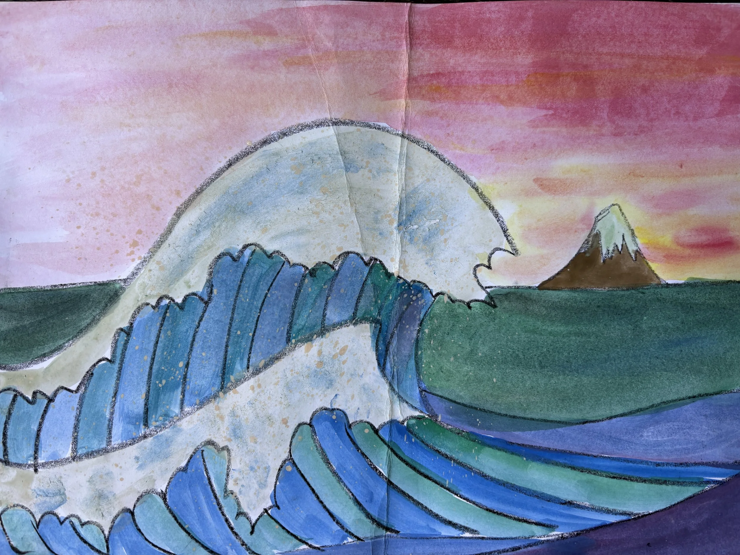A watercolor painting of a large wave with a mountain in the background, set against a pink and orange sky at sunset.