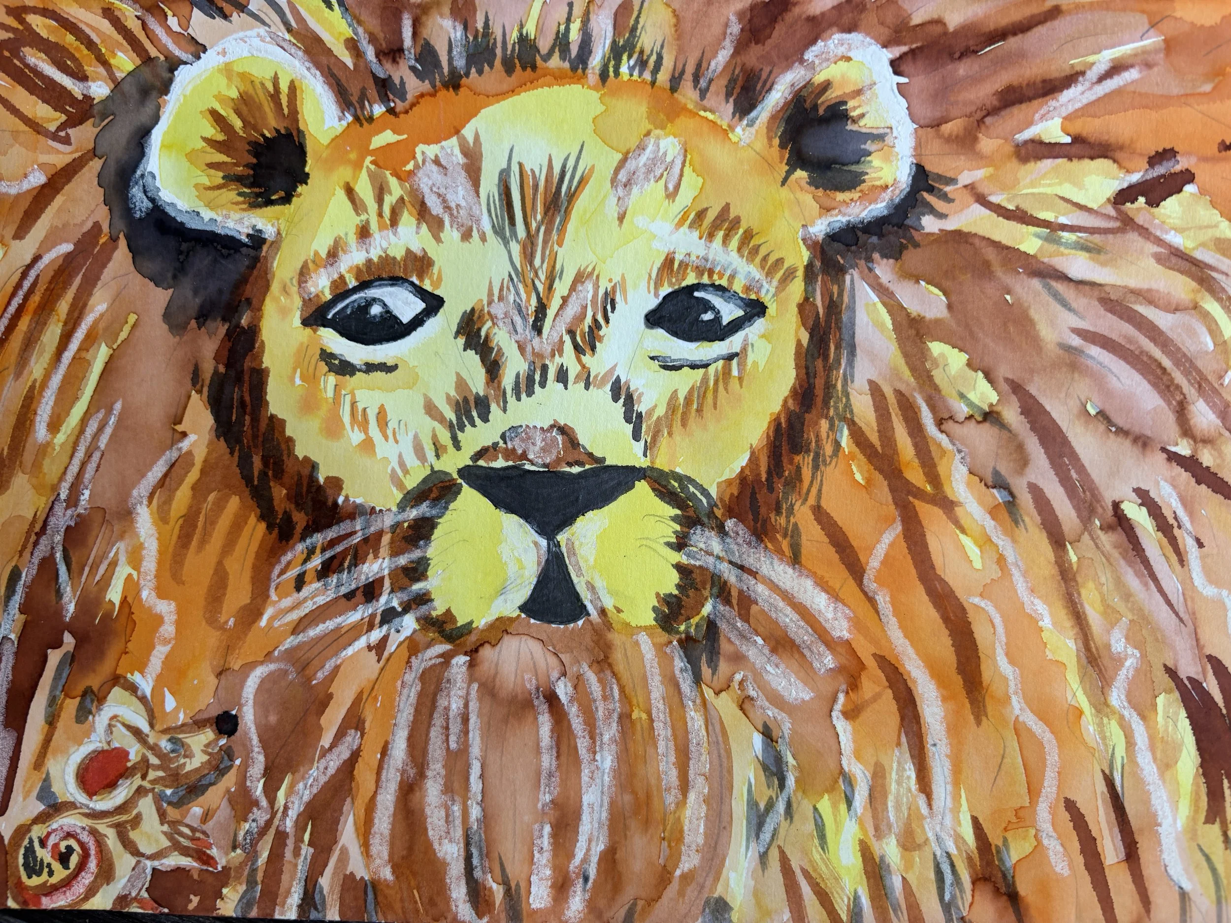 A watercolor painting of a lion with a detailed mane in shades of orange and brown. The lion's face features expressive black eyes, a yellow face, and a black nose. There is a small painted mouse at the bottom left corner.