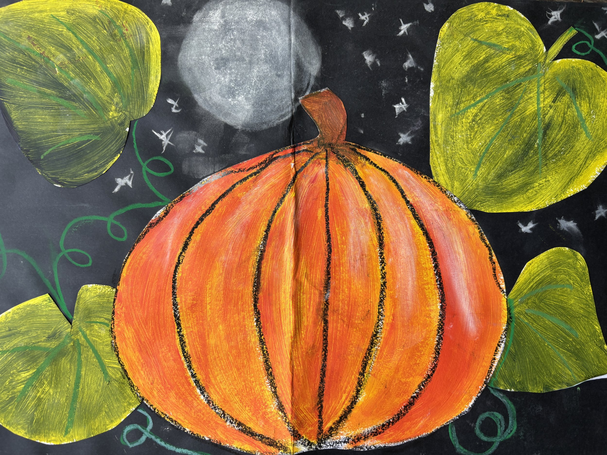 A colorful drawing of a pumpkin with green leaves and vines, a full moon, and a starry night sky in the background.