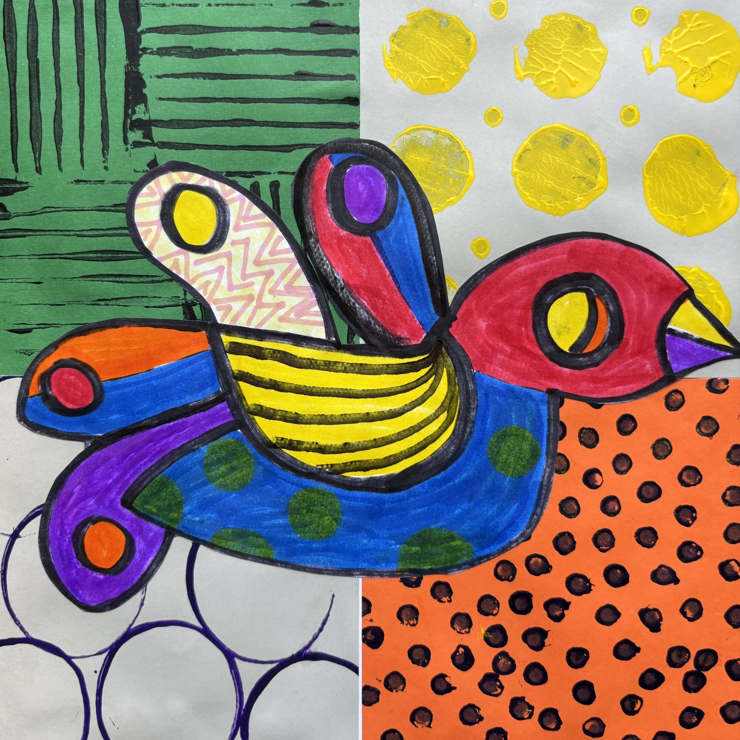Colorful drawing of a bird with various patterns and backgrounds. Sections include green wooden texture, yellow circles, purple and orange polka dots, and orange with black dots.