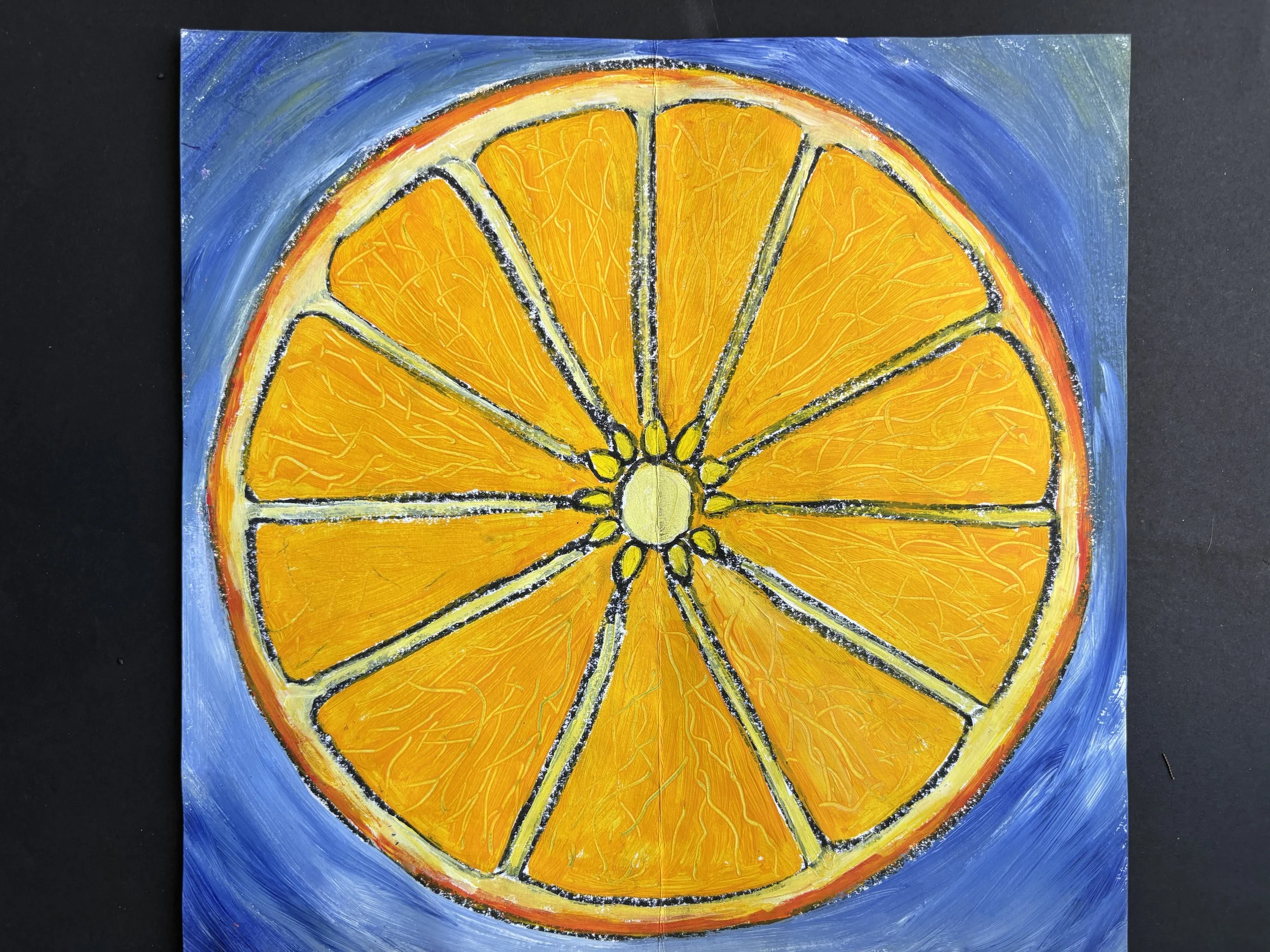 Painting of an orange slice with a blue background.