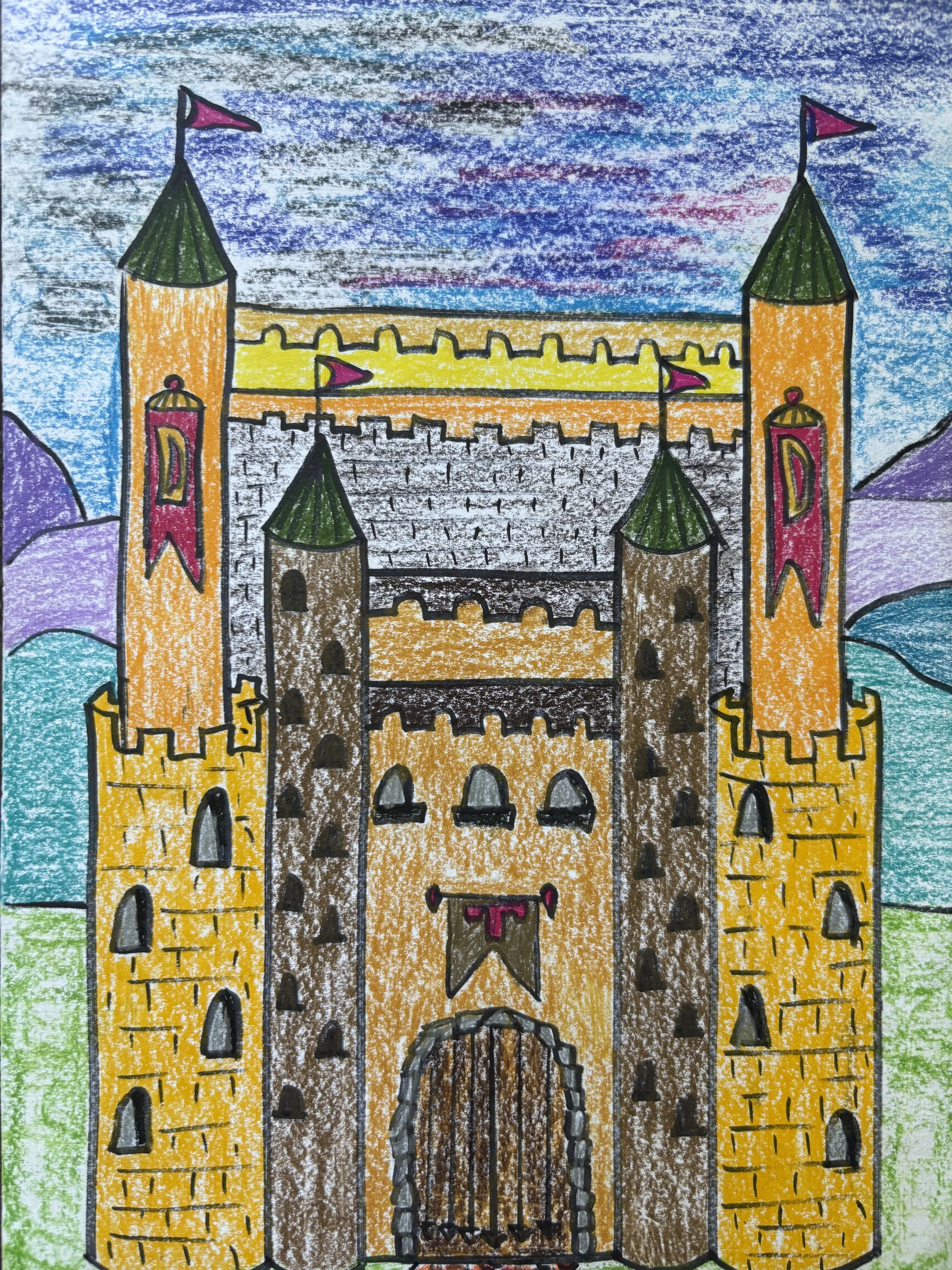 Colorful drawing of a castle with turrets, flags, and an arched gate.