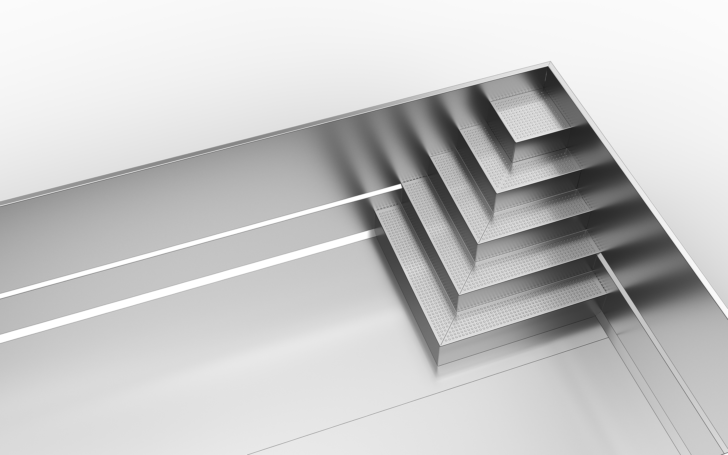 Close-up of a silver metal staircase with a textured surface, on a black background.