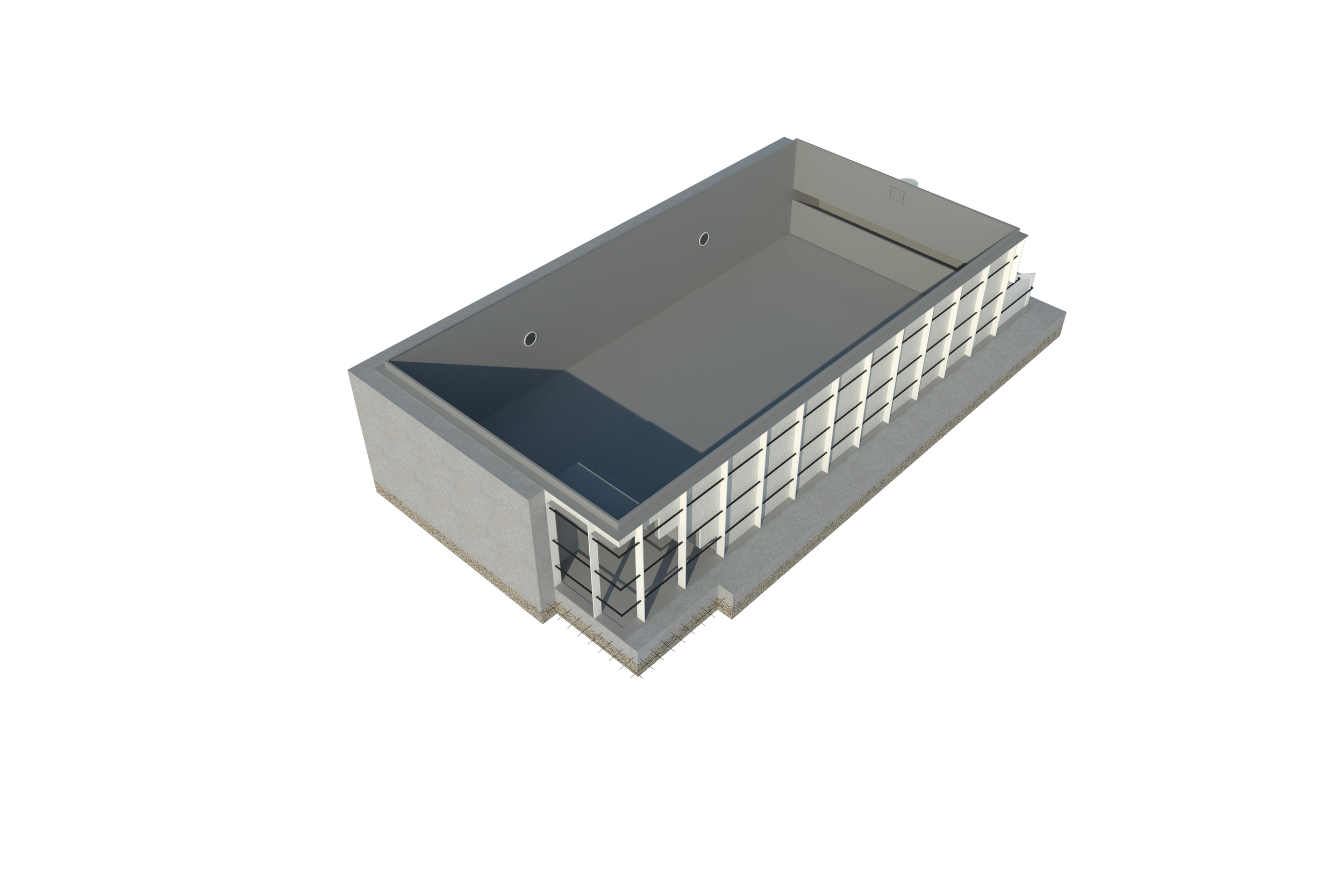 3D rendering of a modern rectangular swimming pool attached to a building with glass doors.