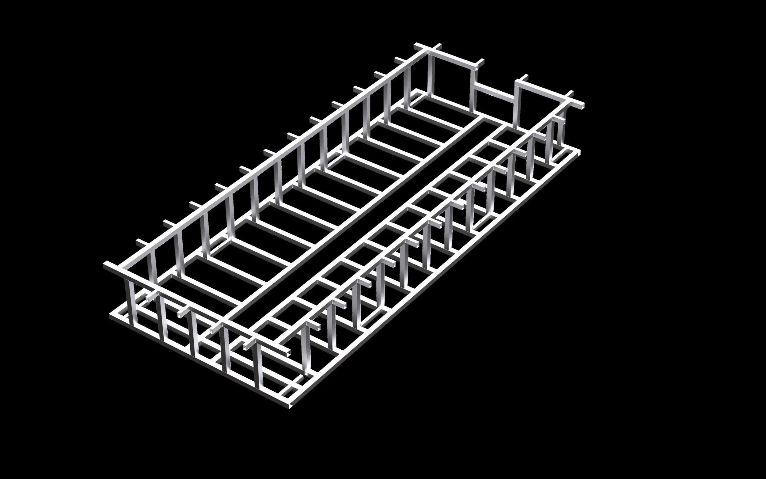 3D rendering of a model train track structure on a black background.