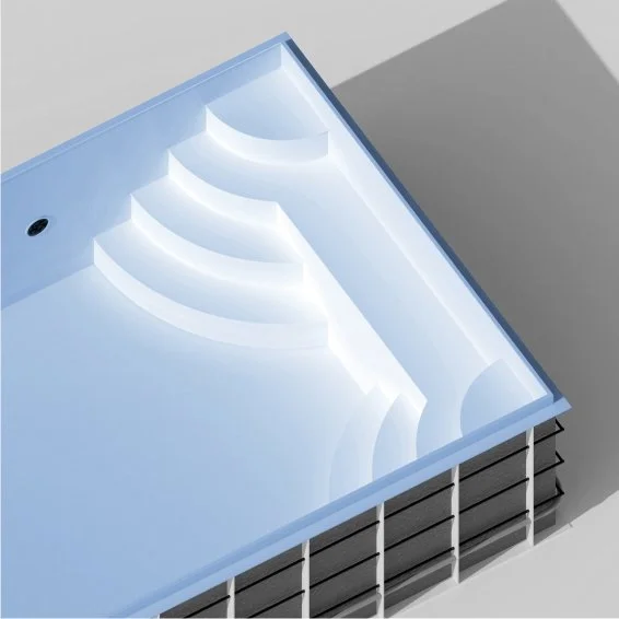 Top view of a modern hot tub with built-in LED lighting and black storage compartments underneath