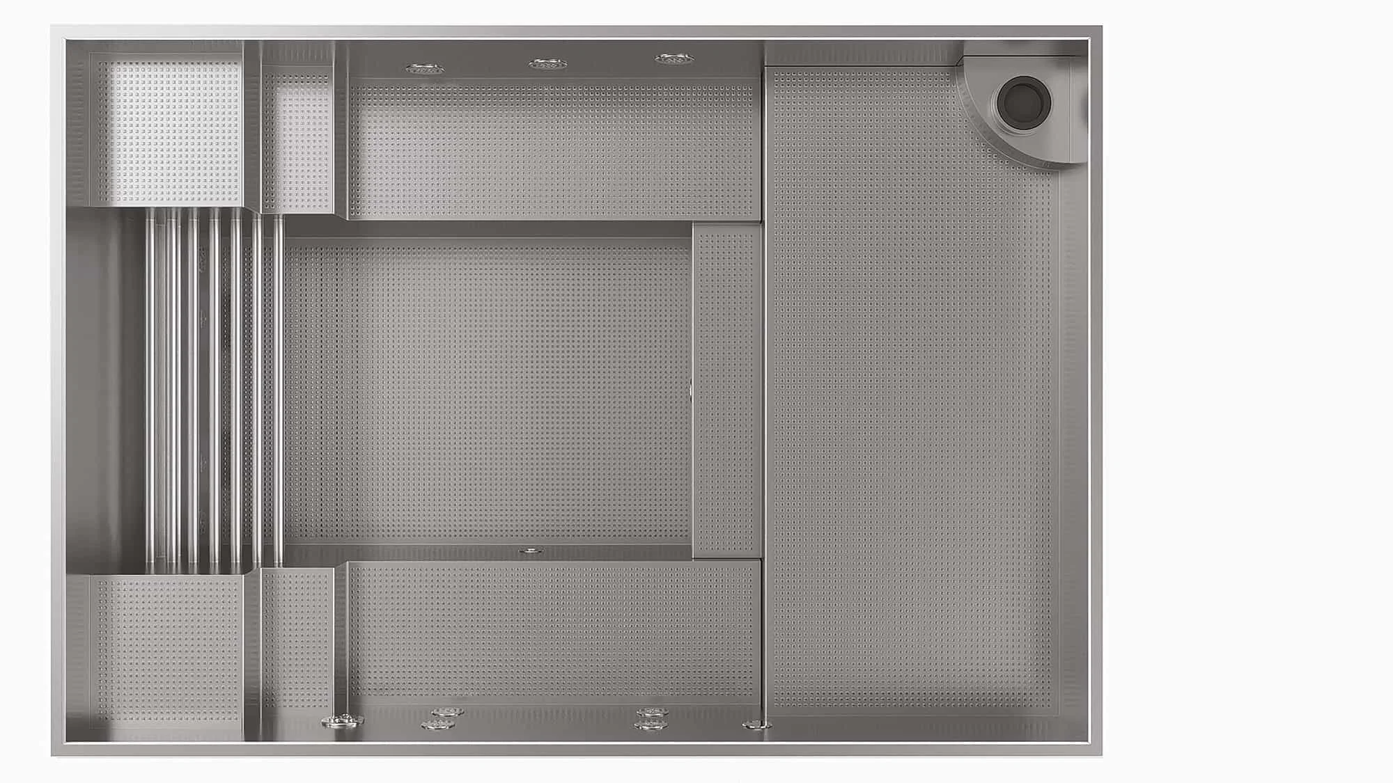An empty stainless steel utility or storage cabinet with multiple compartments and perforated panels.
