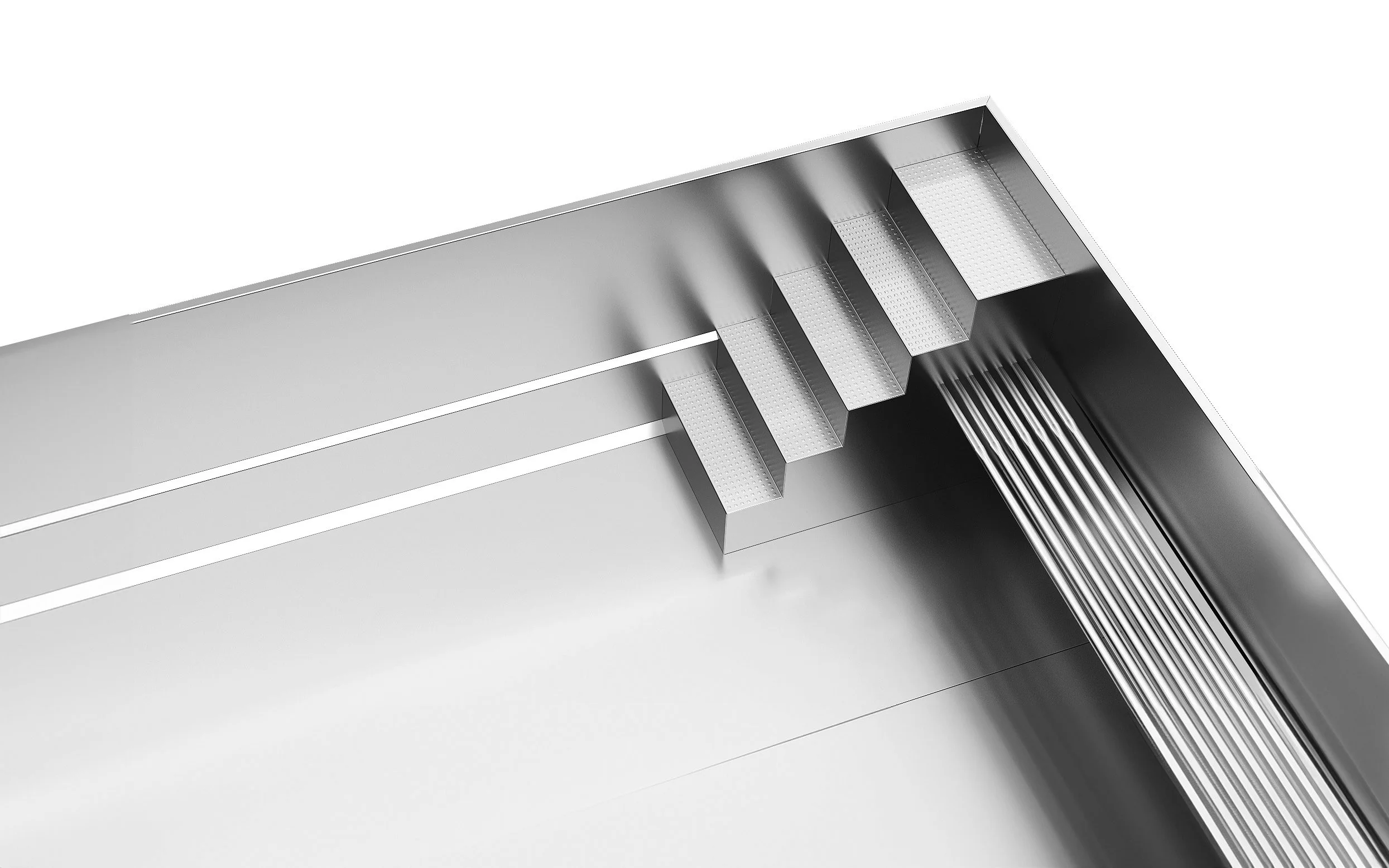 Close-up of a metallic escalator with several steps visible and a smooth handrail.