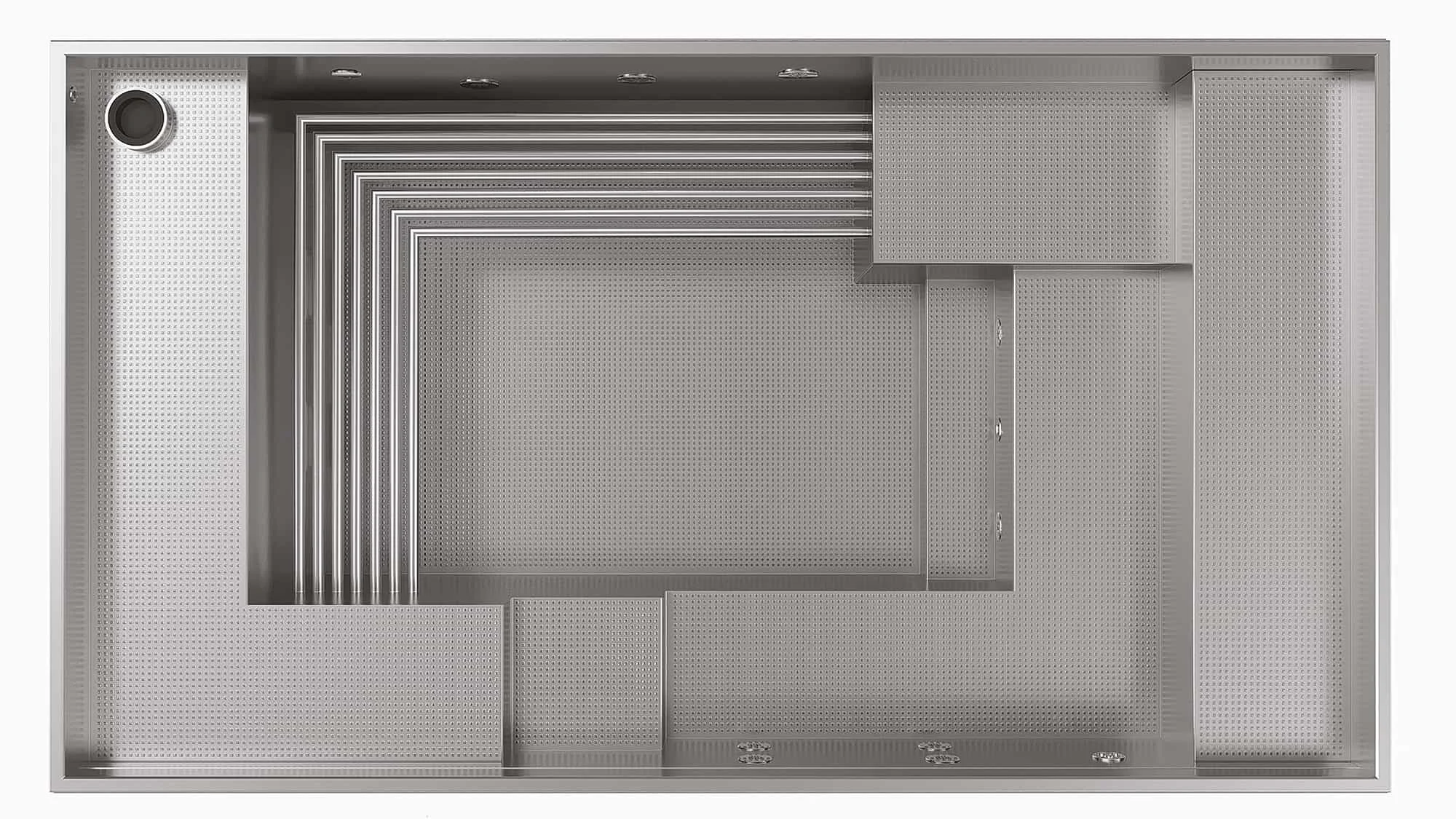 Top-down view of a modern stainless steel kitchen sink with multiple sections, including a draining area, a smaller basin, and a built-in faucet hole.