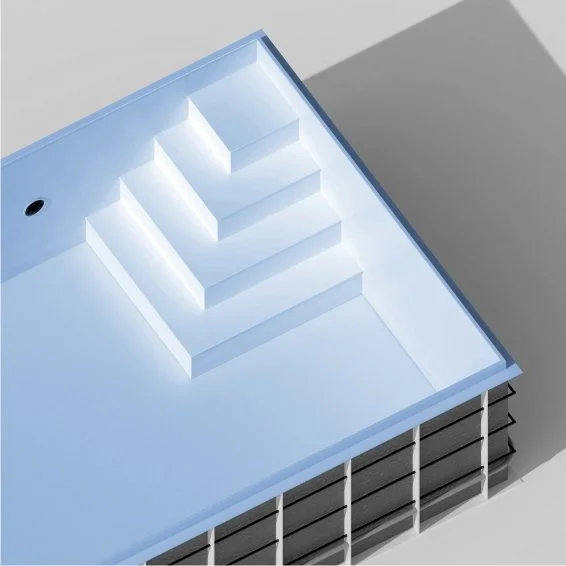 A modern swimming pool with built-in steps illuminated by LED lights, featuring a light blue interior and a black and white exterior design.