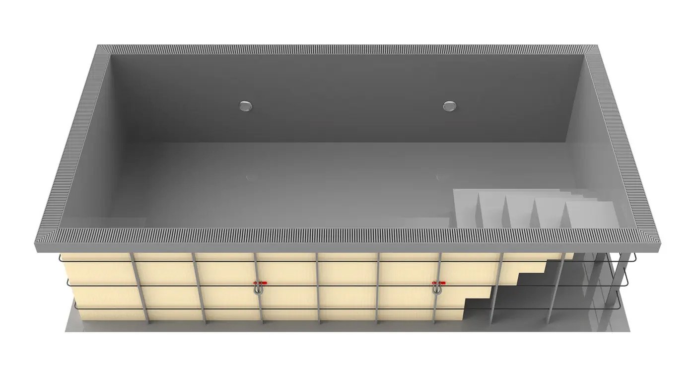 Empty rectangular swimming pool with stairs on the right side and drain holes on the walls, surrounded by a textured border.