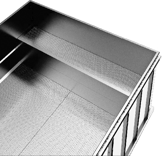 Empty stainless steel commercial food cart or kitchen prep station with perforated surface area for air circulation.