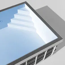 Swimming pool with built-in steps leading into the water, viewed from above.