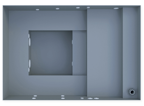 The image shows an empty, rectangular metal electrical junction box with multiple knockouts on the sides and bottom, used for electrical wiring connections.